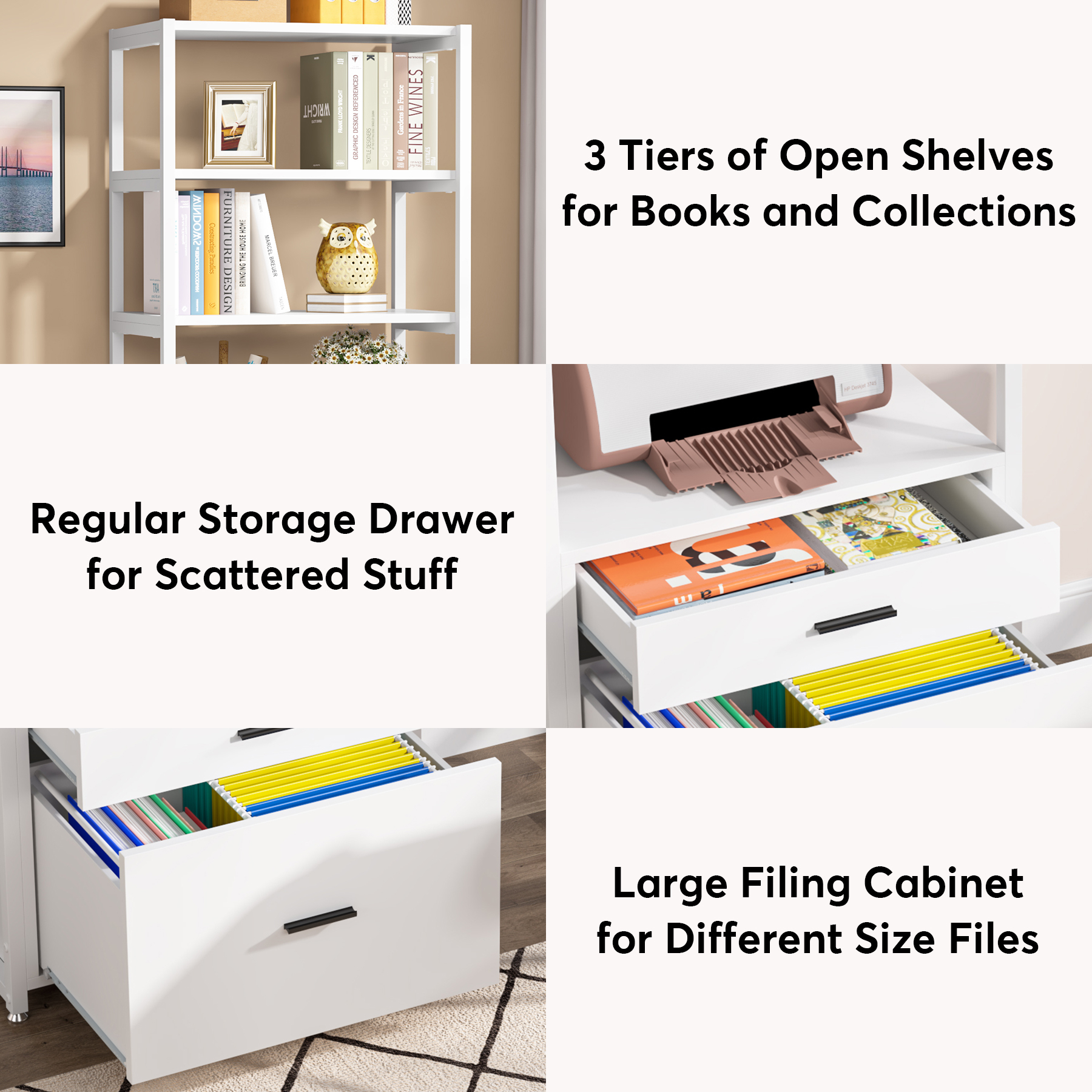Tribesigns Lateral Filing Cabinet, 4-Tier Modern Office File Cabinet With 2 Drawers & Side-to-Side Hang Rails - White