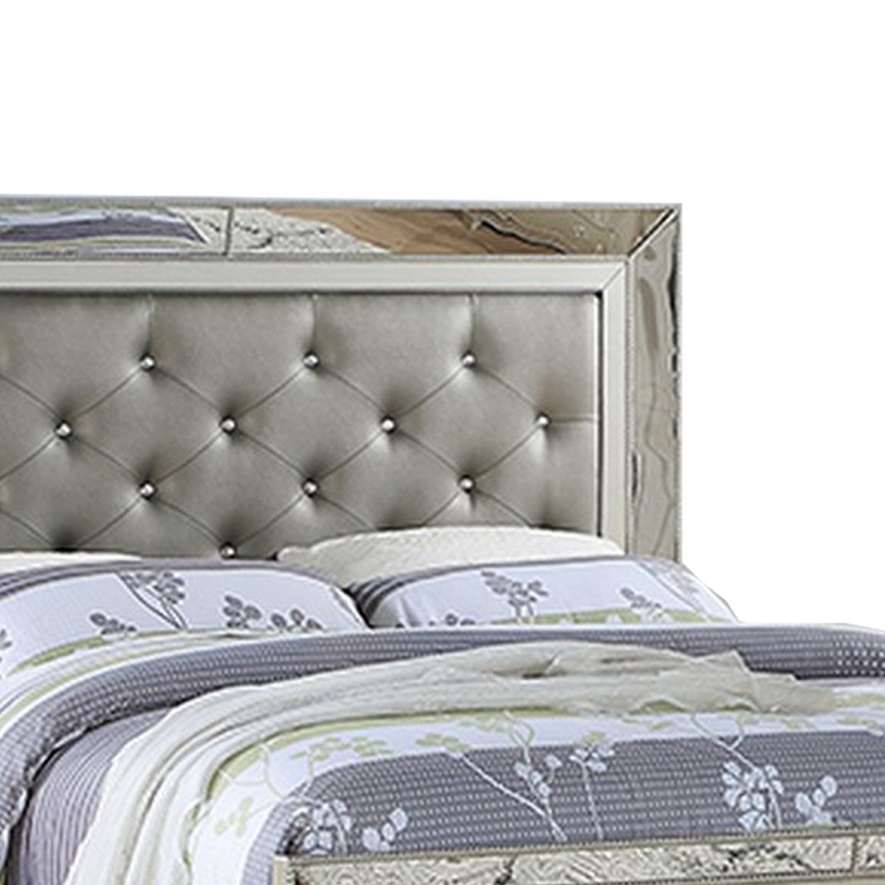 Reva Queen Bed, Mirror Inlaid, Button Tufted Gray Faux Leather Upholstery- Saltoro Sherpi