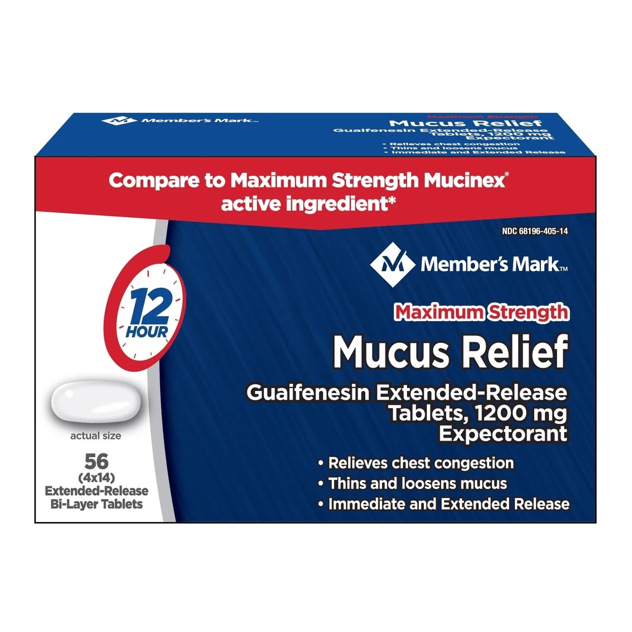 Member's Mark Max Strength Mucus Relief Guaifenesin 1200mg ER Tablets (56 Count)