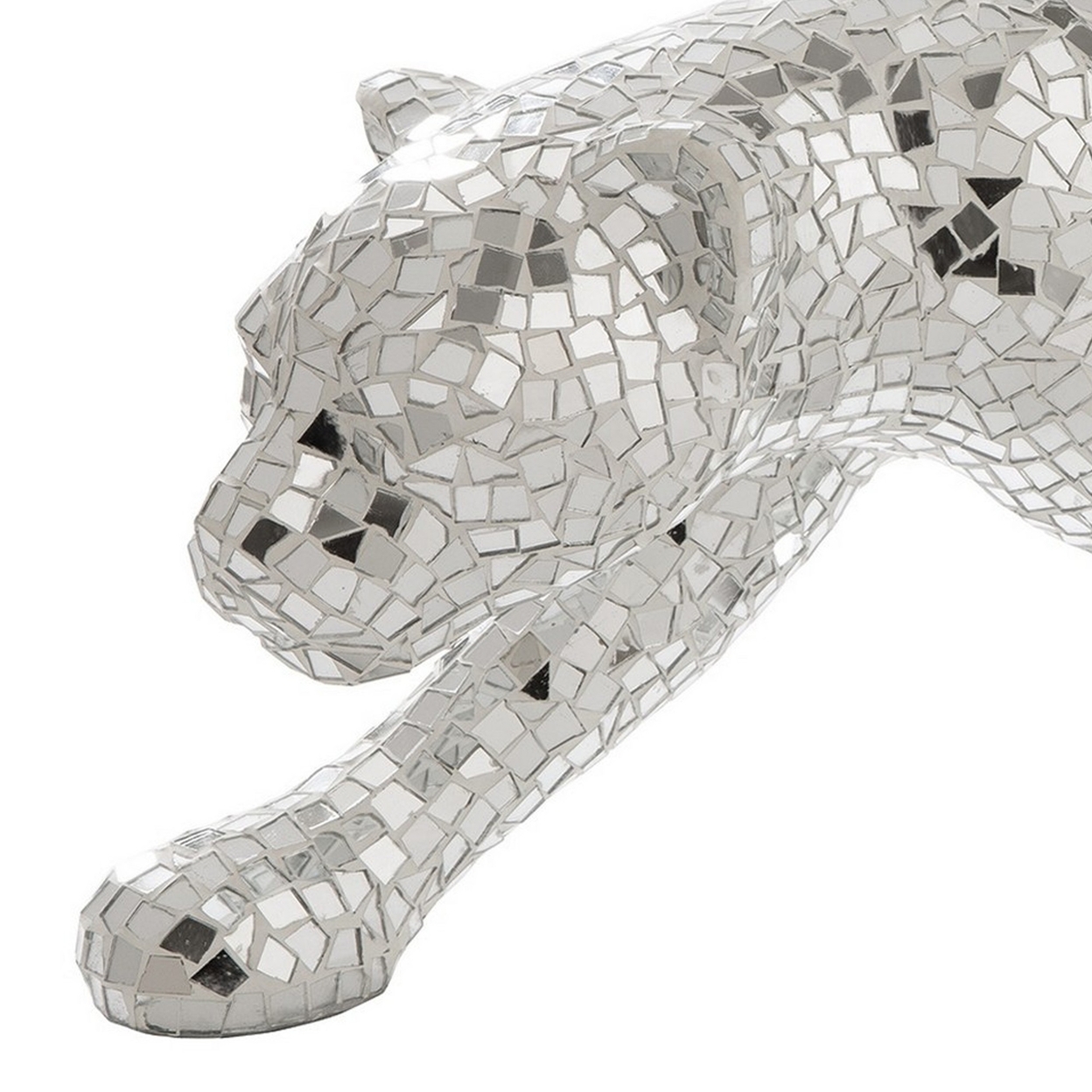 Mirrored Standing Panther With Glass Mosaic Pattern, Silver- Saltoro Sherpi