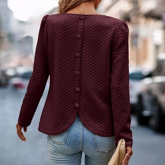 Button Back Ruffled Detail Top - Wine, XLarge