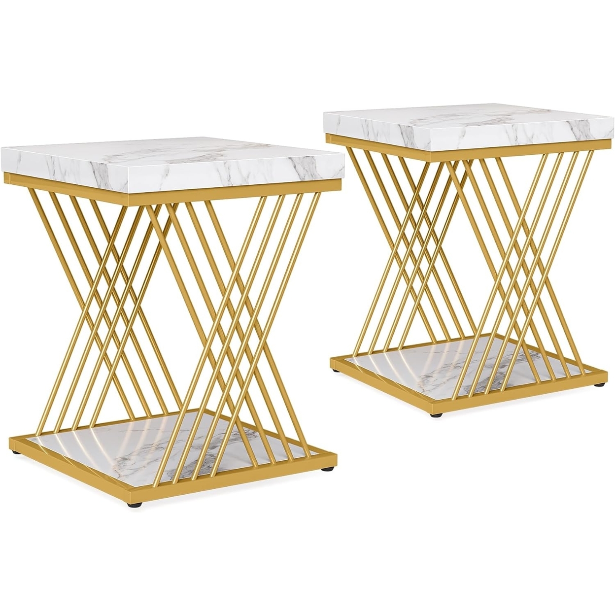 Tribesigns Square Side Table White Gold End Table 2-Tier End Table Modern Bedside Table Small Side Table With Storage For Couch - 2pcs