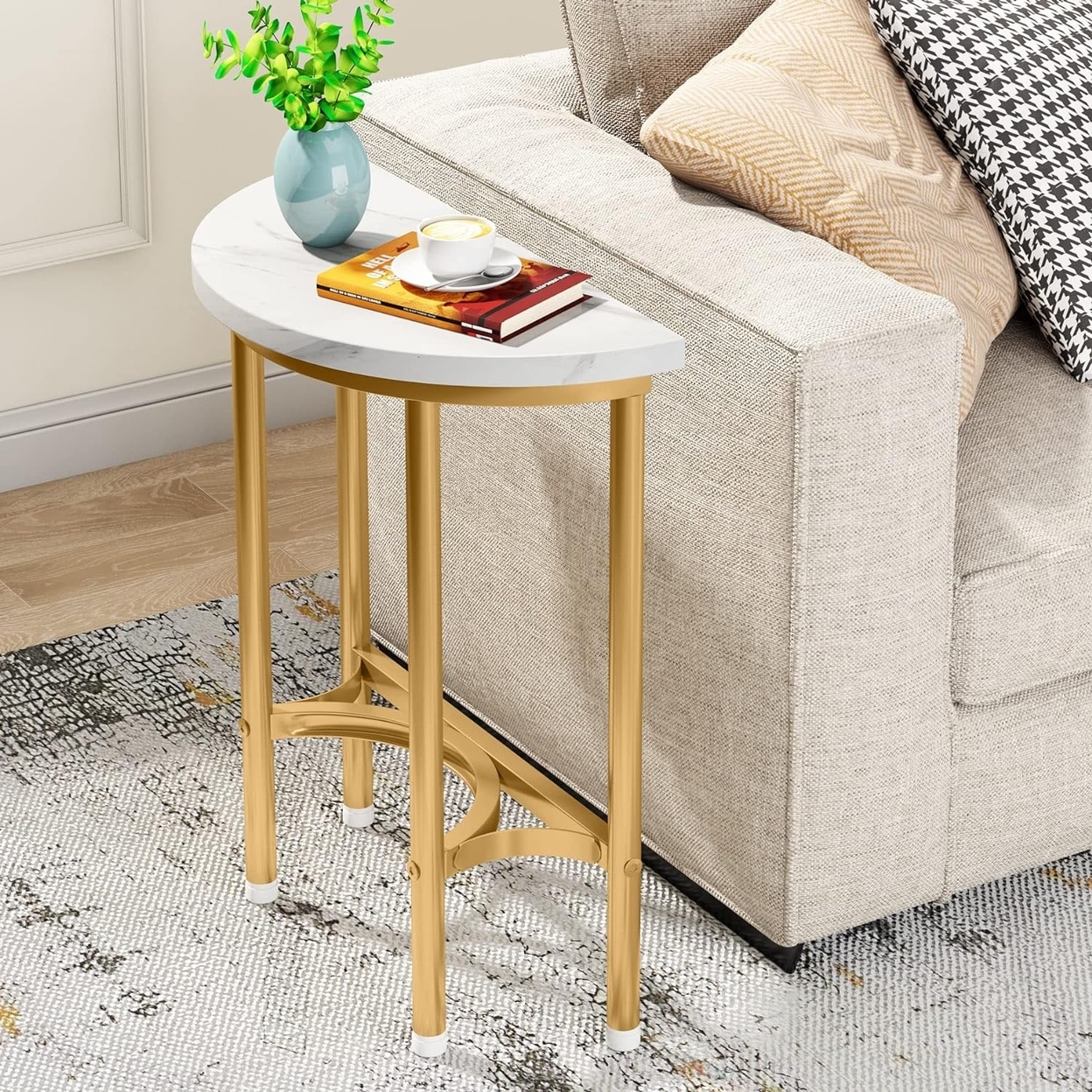 Tribesigns Faux Marble End Table, 20'' Half Round Side Table For Living Room, Modern Slim Coffee Snack Nightstand For Sofa Couch - 1pc