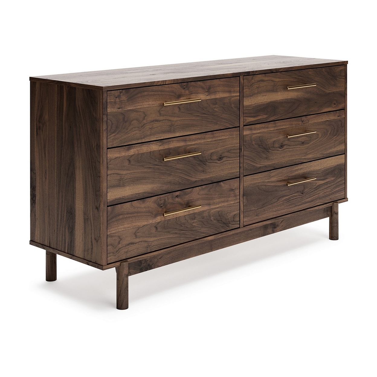 Kip 59 Inch Modern Dresser, Brown Wood Frame, 6 Drawers, Gold Metal Handles- Saltoro Sherpi