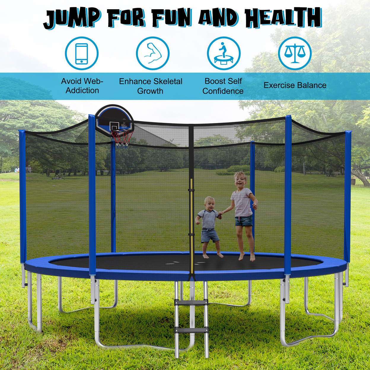 12FT Outdoor Large Trampoline Safety Enclosure Net W/ Basketball