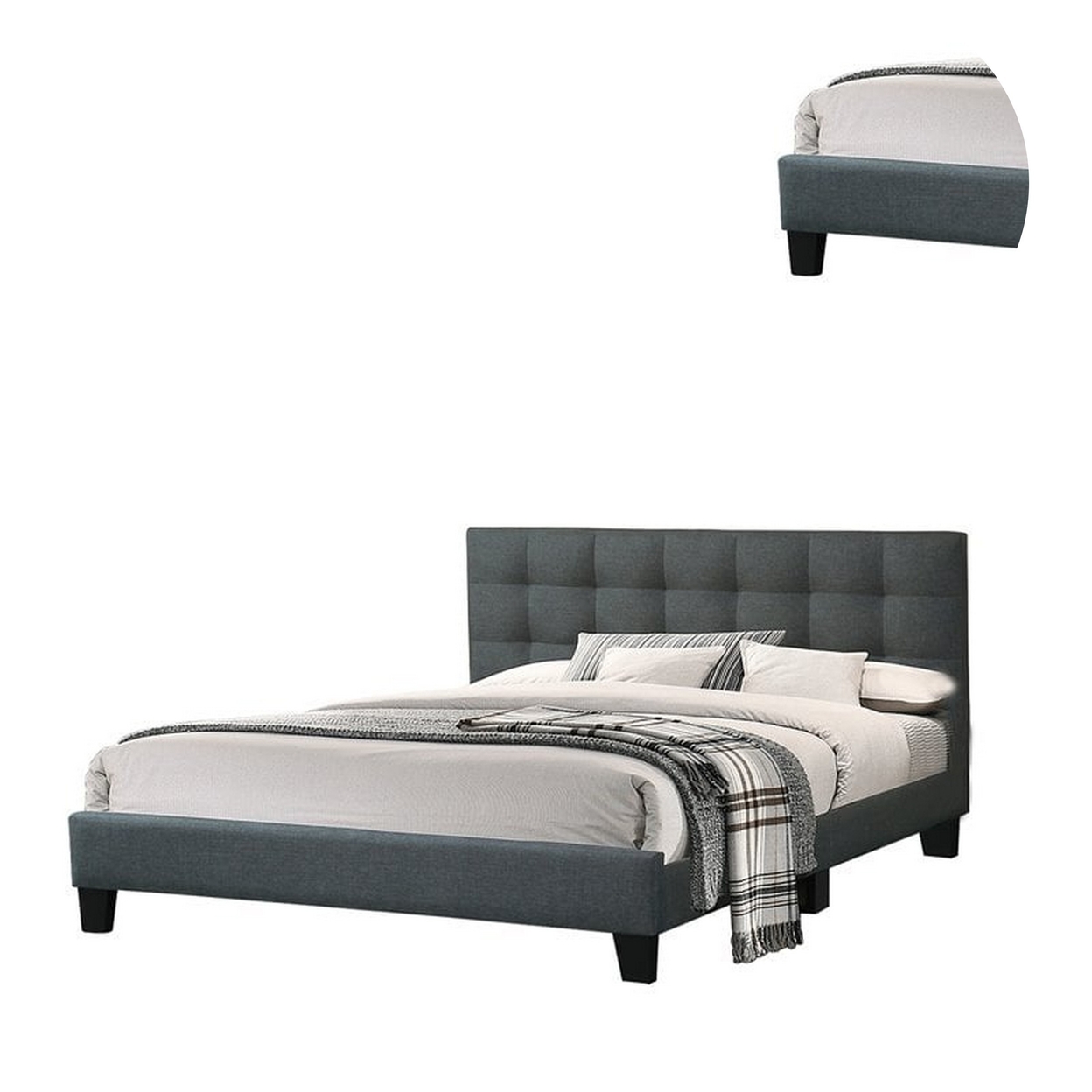 Dex Modern Platform King Size Bed, Plush Tufted Upholstery, Charcoal Gray- Saltoro Sherpi