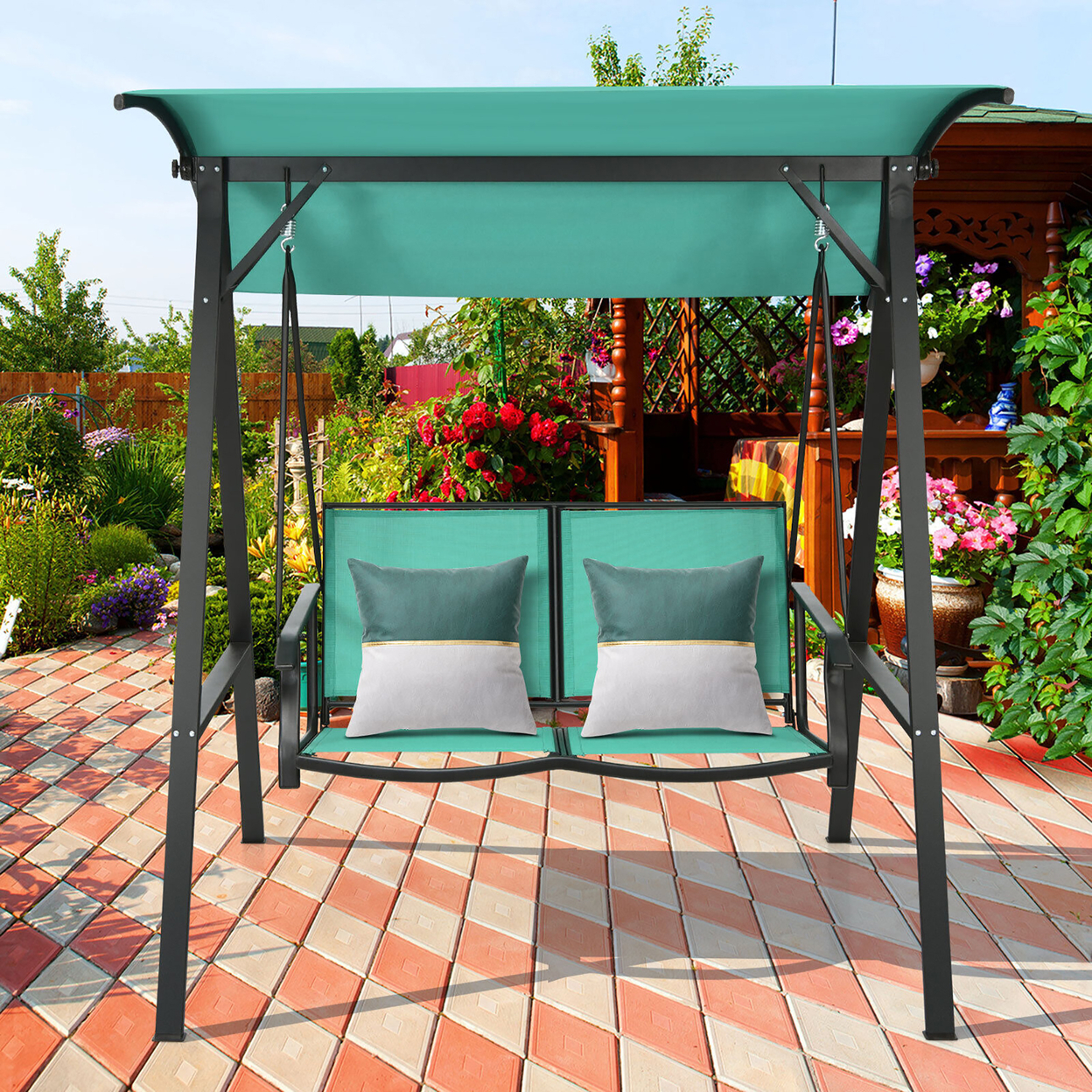2-Person Outdoor Patio Porch Swing Chair W/ Adjustable Canopy Turquoise