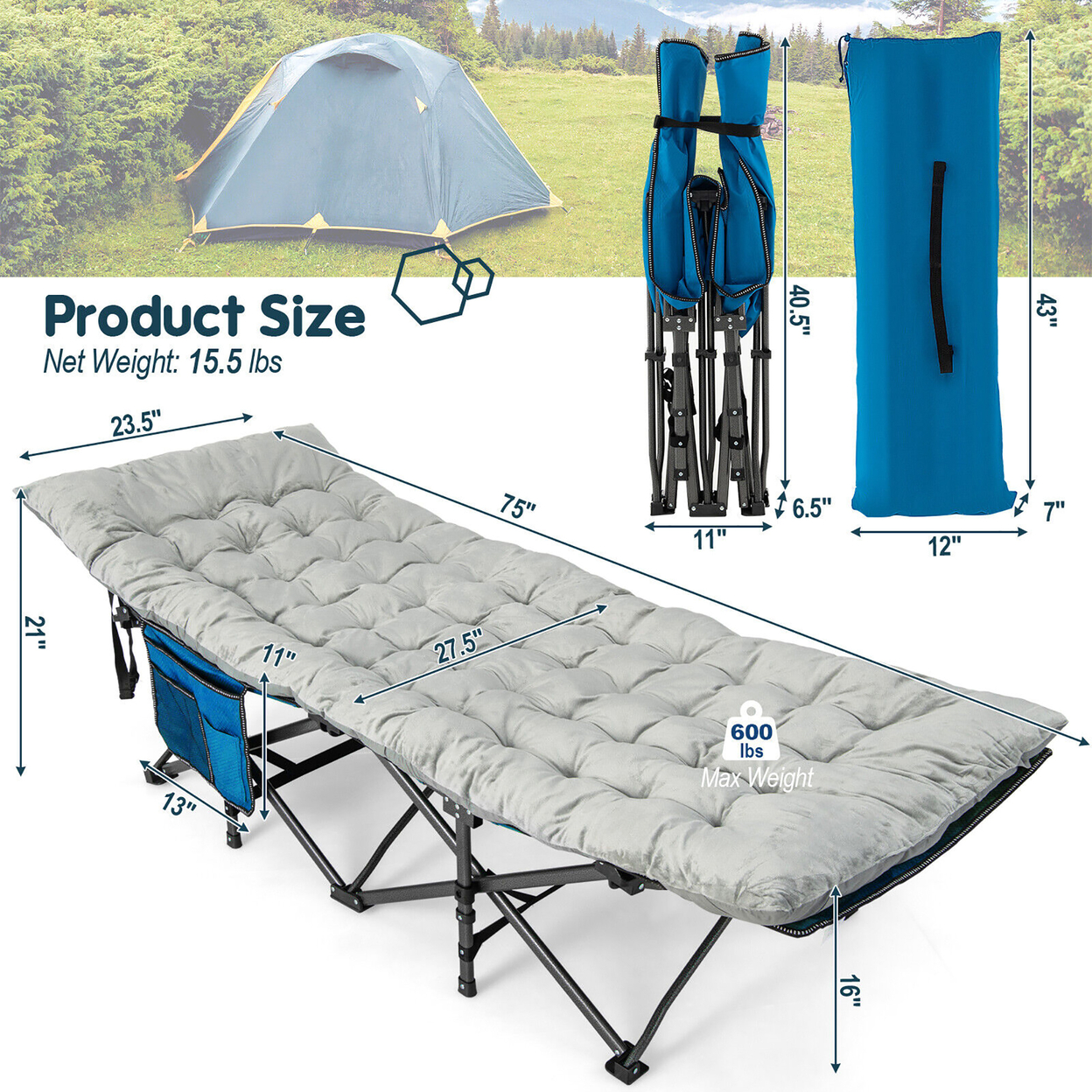 Wide Foldable Camping Cot Heavy-Duty Steel Sleeping Cot W/Sleeping Mattress Grey