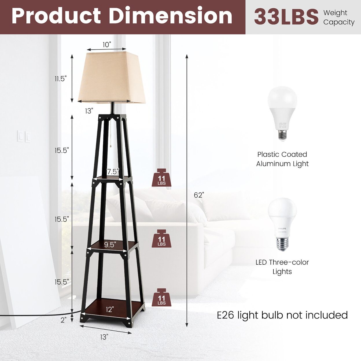 Trapezoidal Floor Lamp Tier Storage Lamp With Linen Shade For Bedroom Study