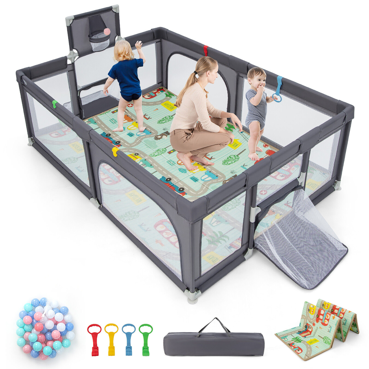 Baby Playpen Large Safe Play Yard Fun Activity Center With Mat & Soccer Nets - Light Grey
