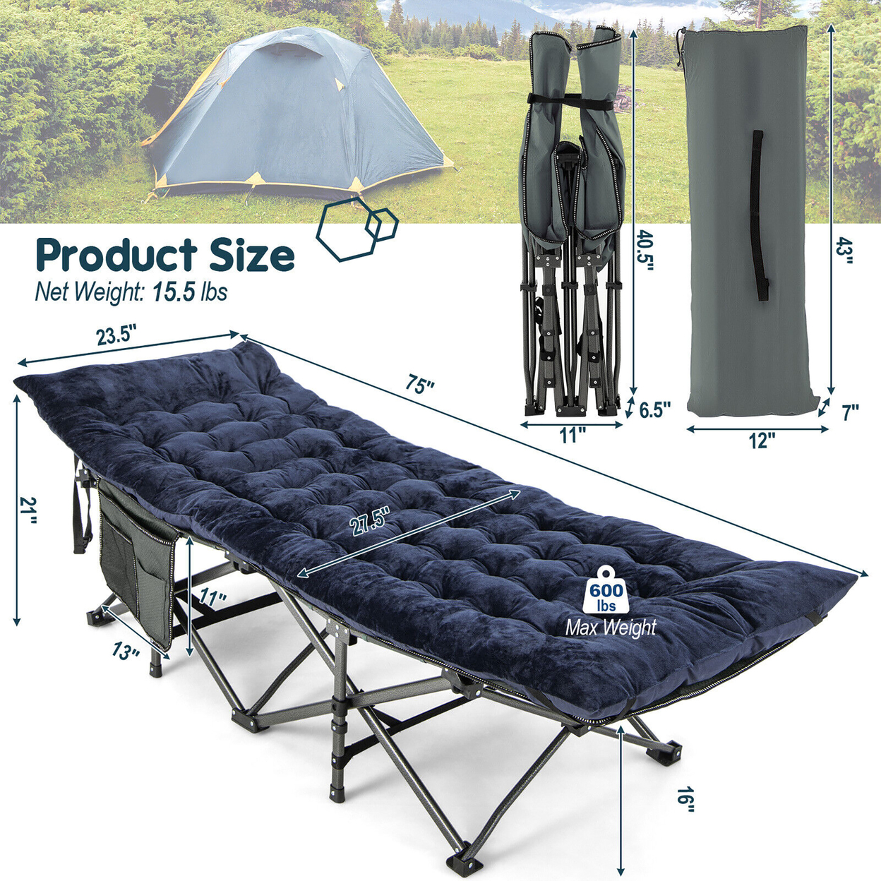 Wide Foldable Camping Cot Heavy-Duty Steel Sleeping Cot W/Sleeping Mattress Navy