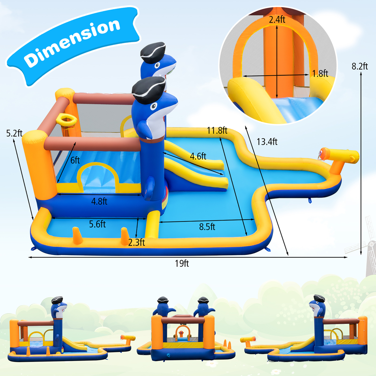 Inflatable Water Slide Park Bounce House Splash Pool Water Cannon W/ 750W Blower