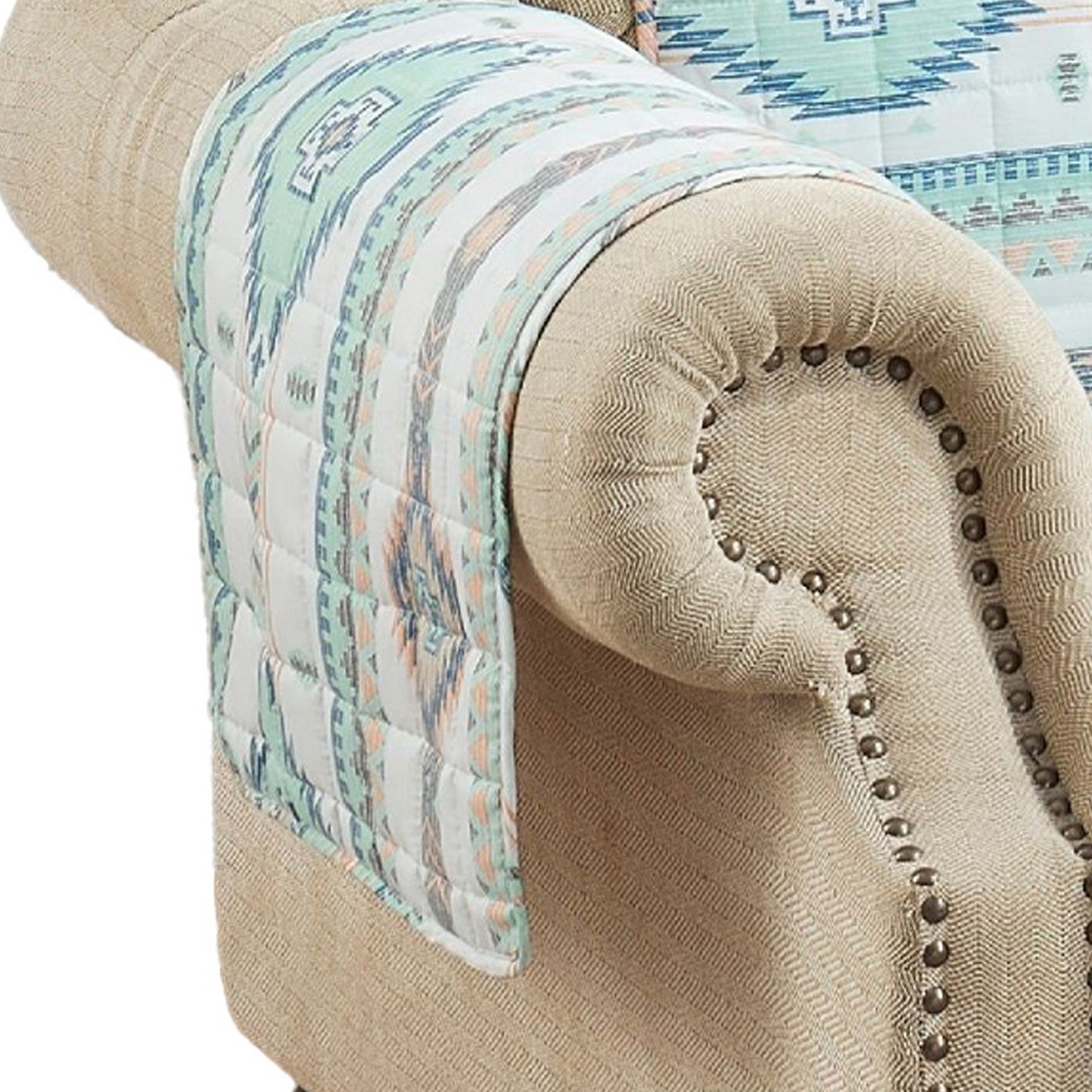 Linda 81 Inch Quilted Armchair Cover, Geometric Prints, Turquoise Polyester-Saltoro Sherpi