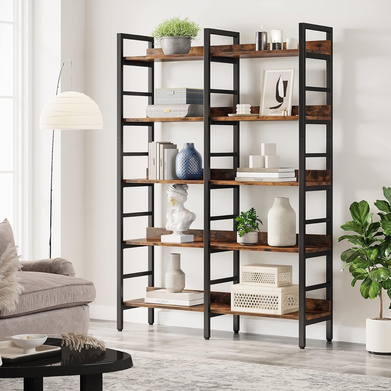Tribesigns 5-Tier Industrial Bookshelf, 71H X 47W Etagere Bookcase, Freestanding Double Wide Book Shelf For Storage And Display