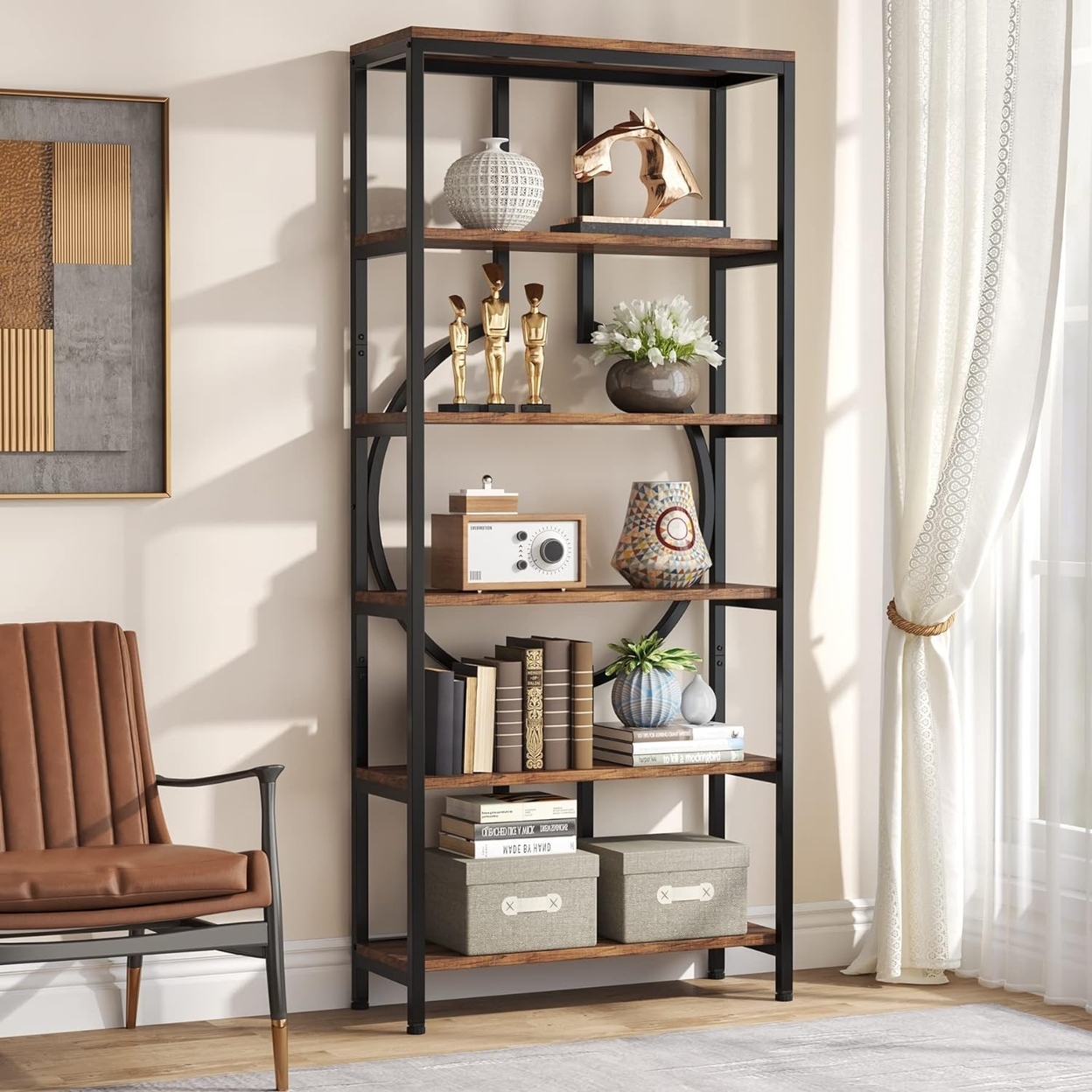 Tribesigns 70.86 Industrial Bookshelf, 6-Tier Tall Bookcase With Open Shelves, Wood And Metal Display Shelf Storage Shelves