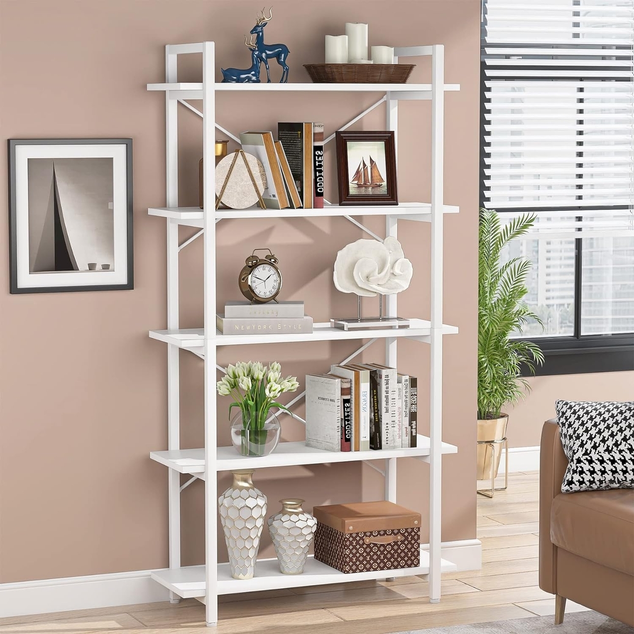 Tribesigns 5 Tier White Bookshelf, Modern Etagere Bookcase With Metal Frame, Tall Book Shelf Unit - 1pc