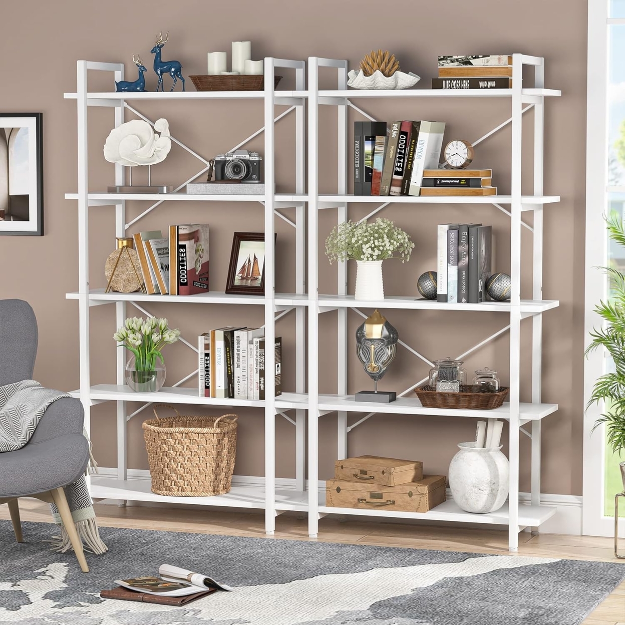 Tribesigns 5 Tier White Bookshelf, Modern Etagere Bookcase With Metal Frame, Tall Book Shelf Unit - 2pcs