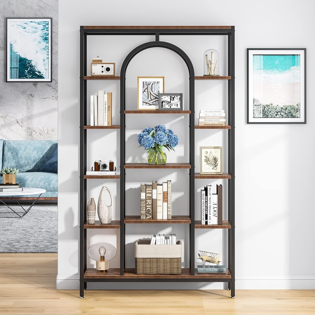 Tribesigns 5-Tier Bookshelf, Industrial Tall Bookcase Book Shelf Organizer Freestanding Open Display Shelves - White & Gold