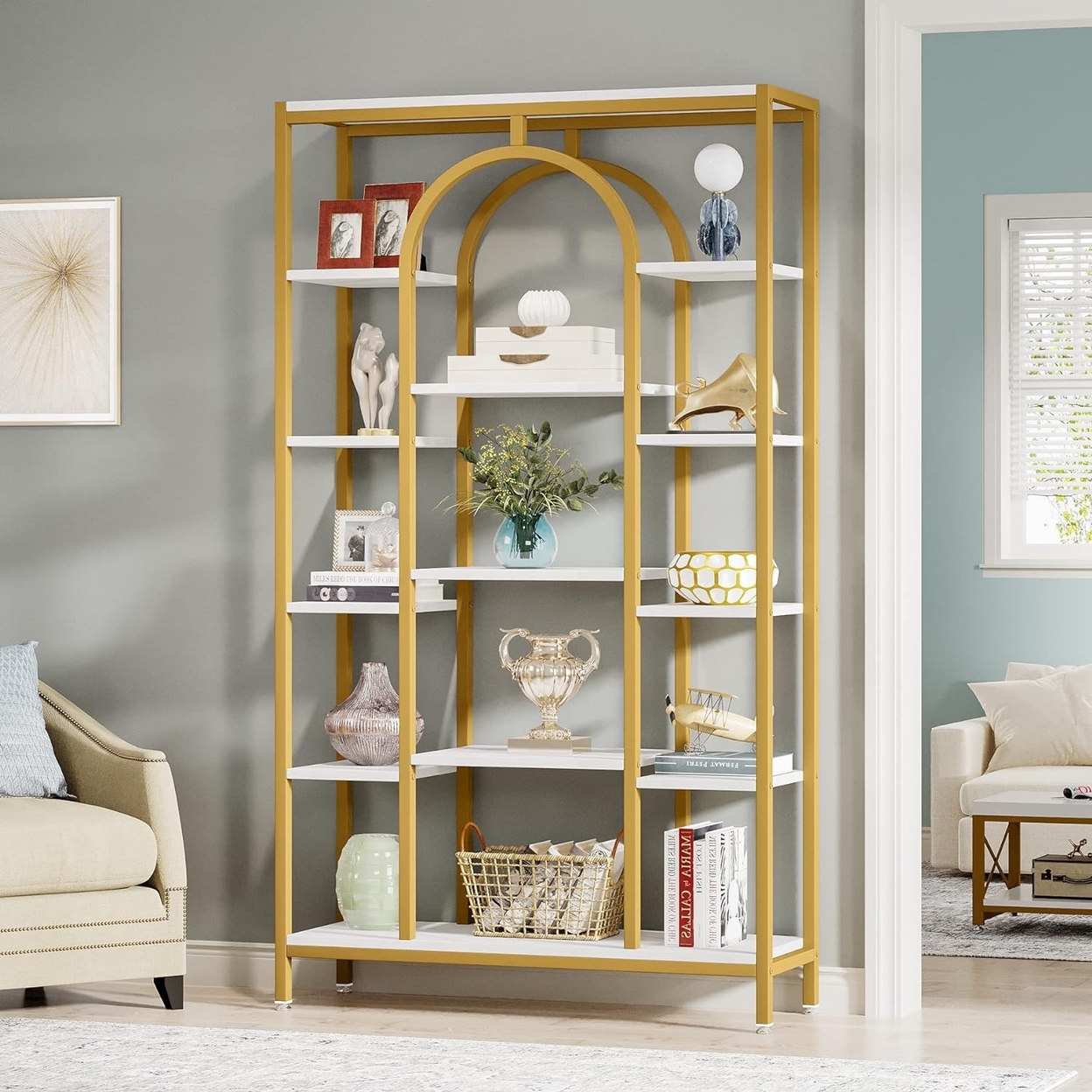 Tribesigns 5-Tier Bookshelf, Industrial Tall Bookcase Book Shelf Organizer Freestanding Open Display Shelves - White & Gold