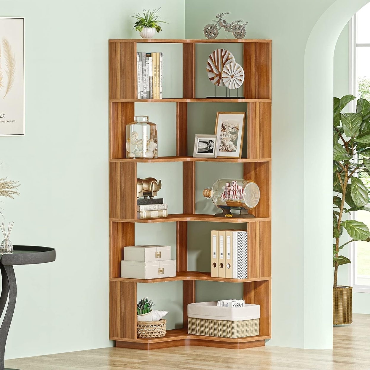 Tribesigns 6 Tier Corner Bookshelf, 64.96 Tall Industrial Corner Bookcase With Anti-Drop Panel - Walnut Wood Grain