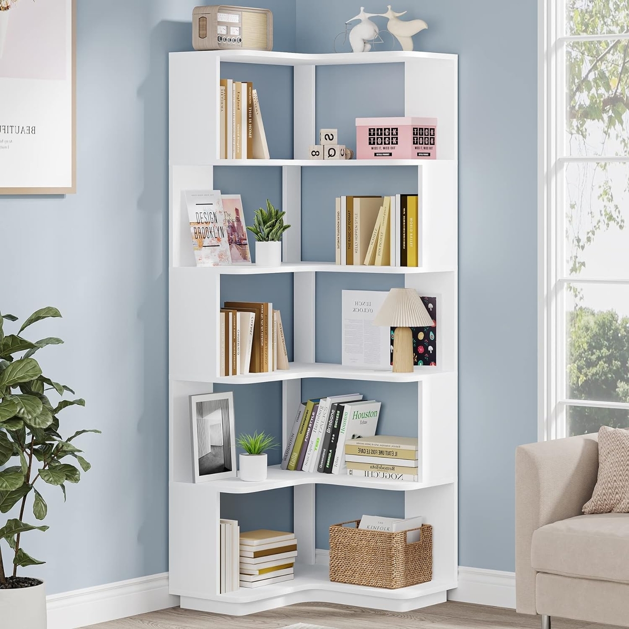 Tribesigns 6 Tier Corner Bookshelf, 64.96 Tall Industrial Corner Bookcase With Anti-Drop Panel - White