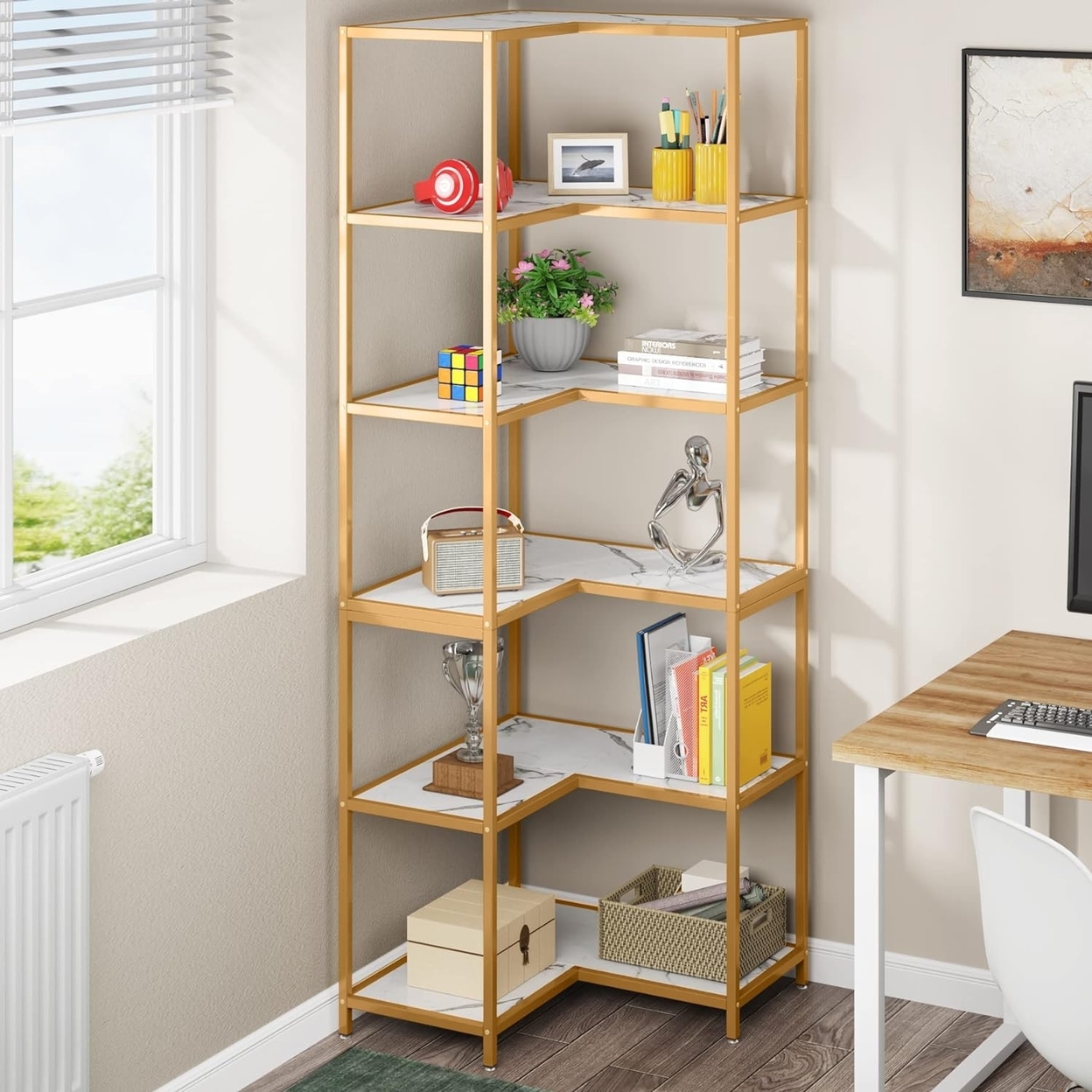 Tribesigns 6-Tier Corner Bookshelf, 0.9 Tall Modern L-Shaped Bookcase With Gold Metal Frame & White Faux Marble Top - 2pcs