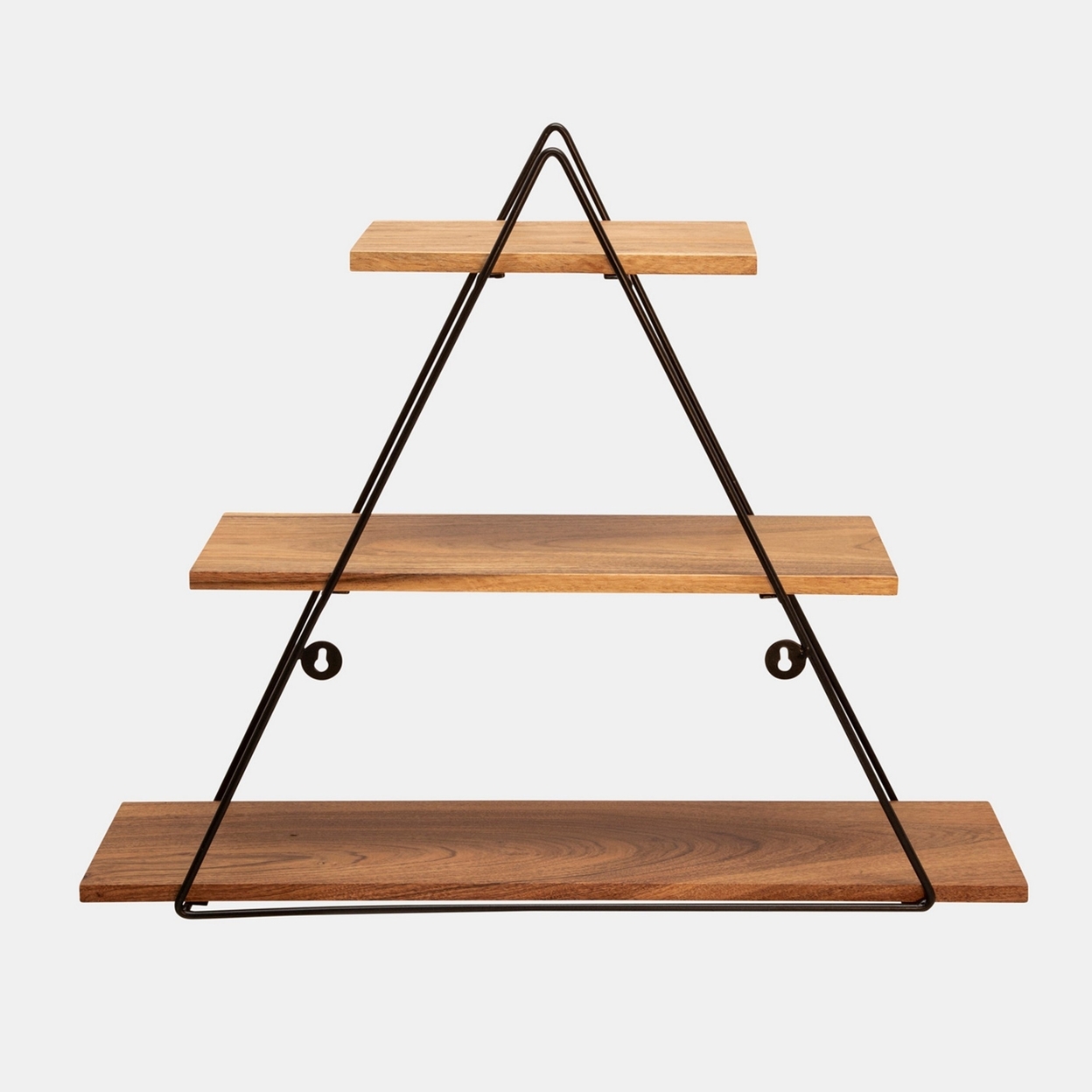 Zish 25 Inch Wall Shelf, 3 Wood Shelves, Triangle Metal Frame, Brown, Black -Saltoro Sherpi