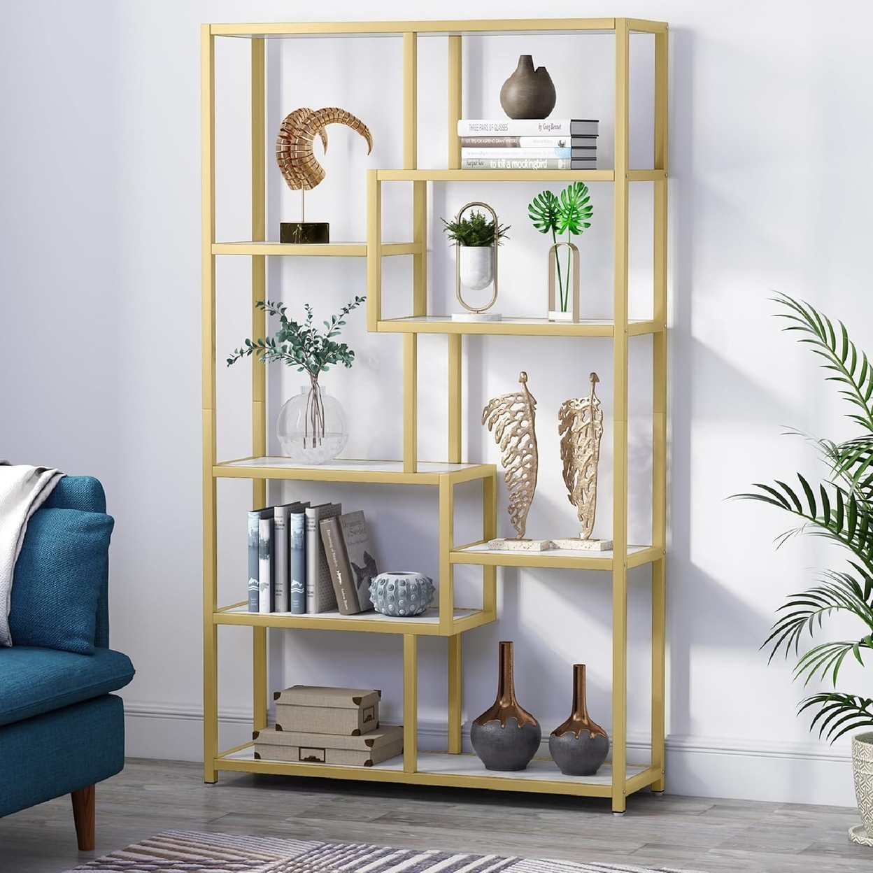 Tribesigns Bookshelf Bookcase, Gold 8-Open Shelf Etagere Bookcase With Faux Marble