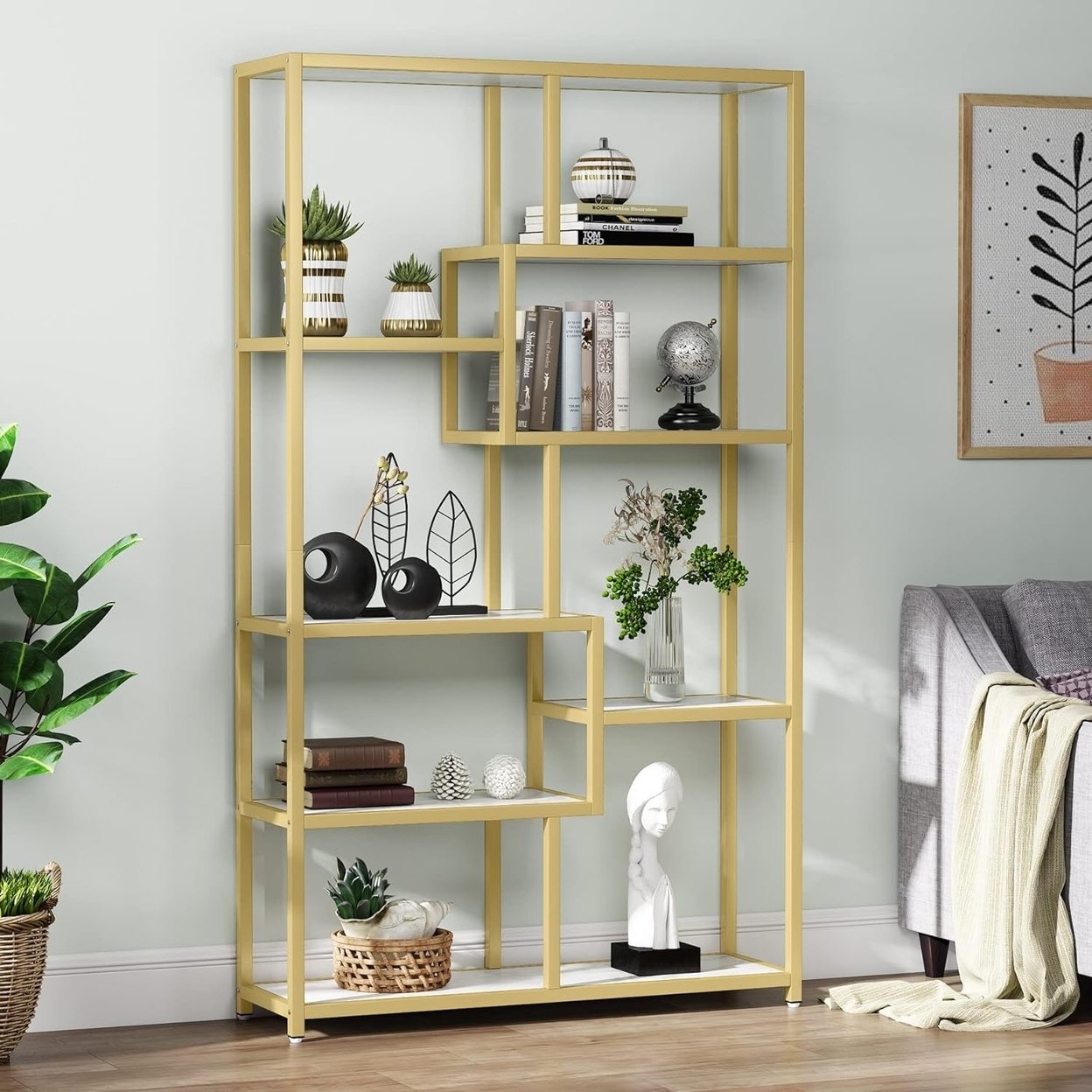 Tribesigns Bookshelf Bookcase, Gold 8-Open Shelf Etagere Bookcase With Faux Marble