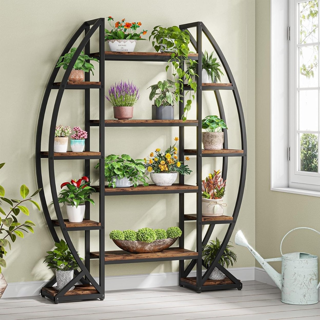 Tribesigns 5 Tier Plant Stand Indoor, Half-Moon Shaped Large Plant Shelf, Industrial Curved Oval Flower Pot Rack - Brown