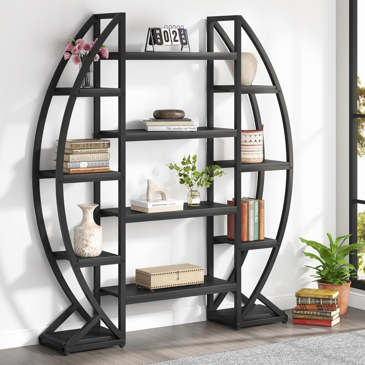 Tribesigns 5 Tier Plant Stand Indoor, Half-Moon Shaped Large Plant Shelf, Industrial Curved Oval Flower Pot Rack - Black