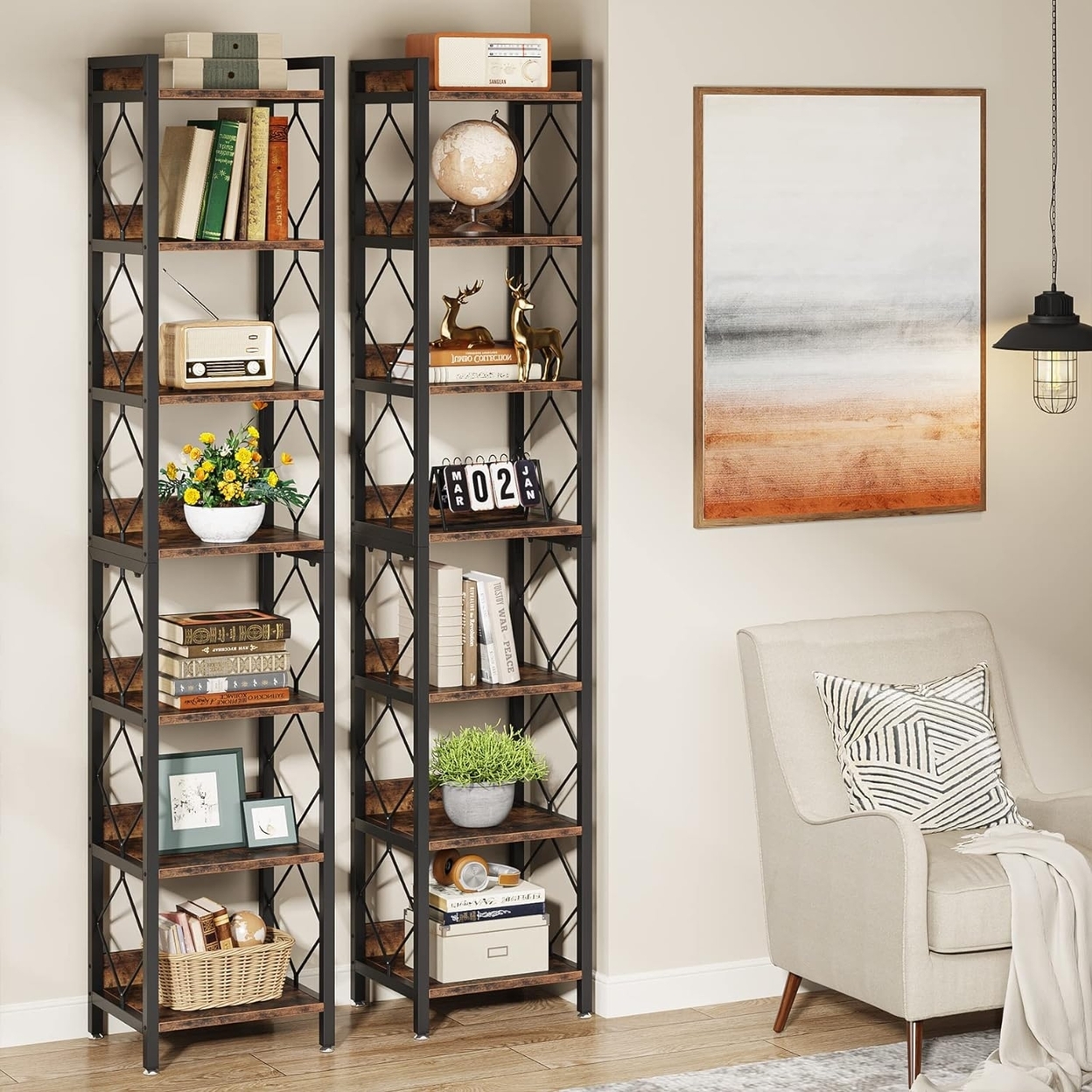 Tribesigns 78.7 Extra Tall Narrow Bookshelf, 7 Tier Skinny Bookcase For Small Spaces, Freestanding Display Shelves - Rustic Brown, 2pcs