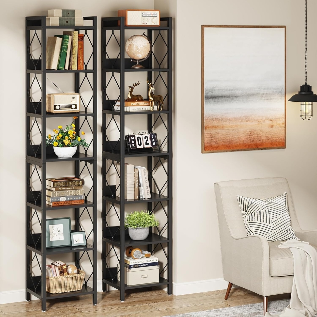 Tribesigns 78.7 Extra Tall Narrow Bookshelf, 7 Tier Skinny Bookcase For Small Spaces, Freestanding Display Shelves - Black, 2pcs