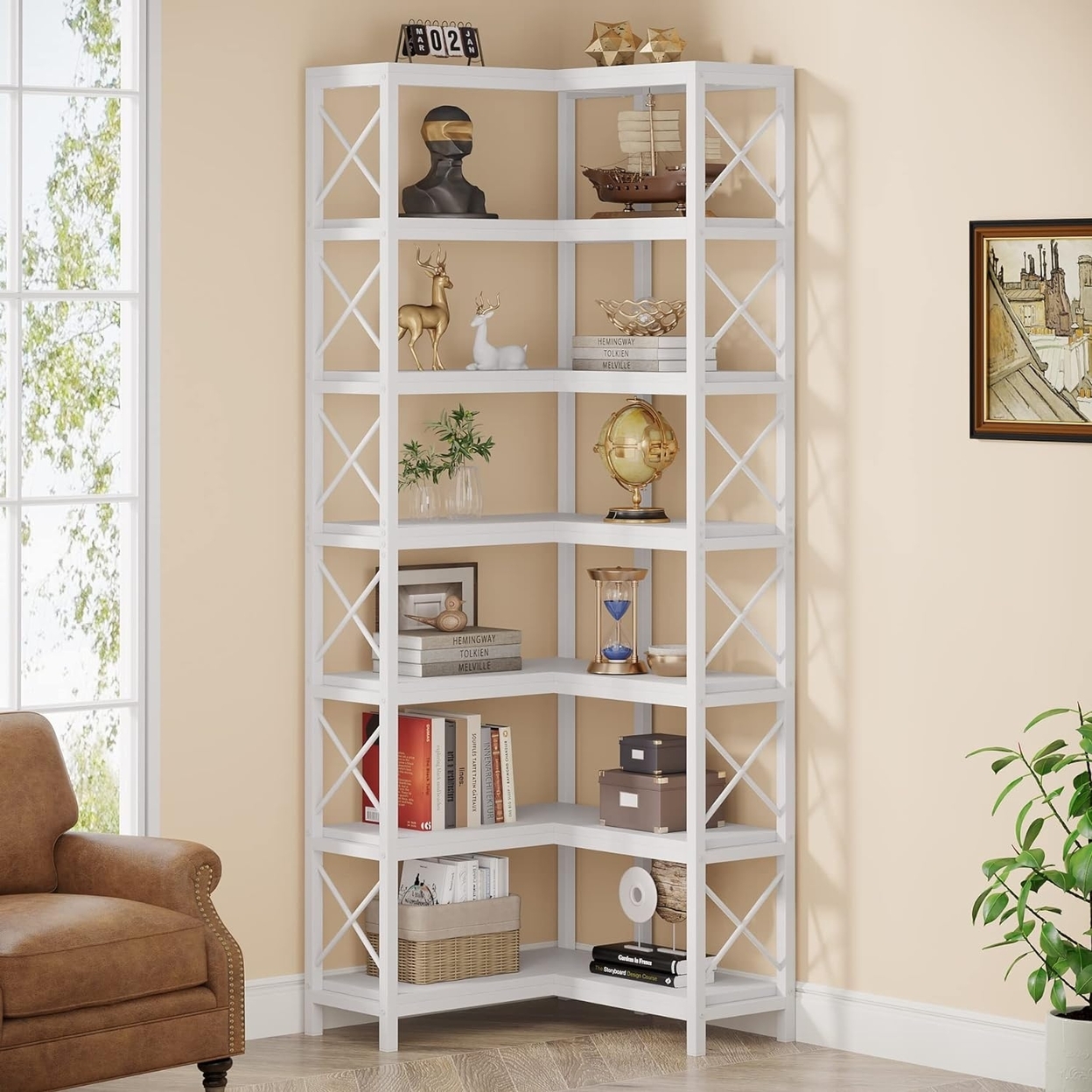 Tribesigns 7 Shelf Corner Bookcase, Industrial Large Tall Corner Shelf Storage Display Rack With Metal Frame - White