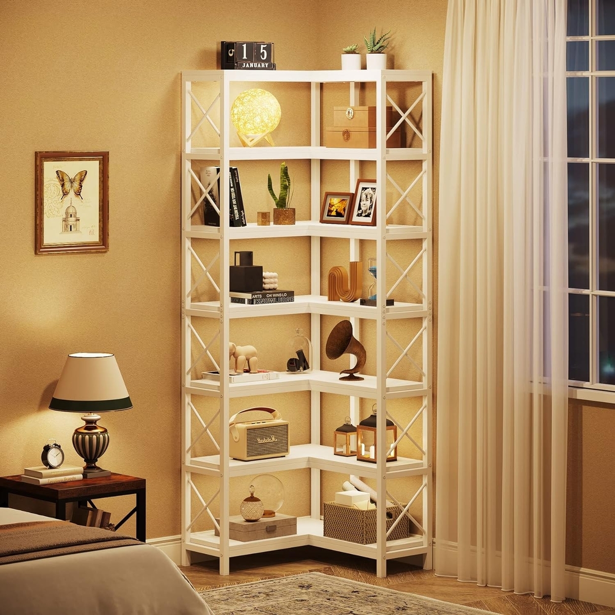 Tribesigns 7 Shelf Corner Bookcase, Industrial Large Tall Corner Shelf Storage Display Rack With Metal Frame - White