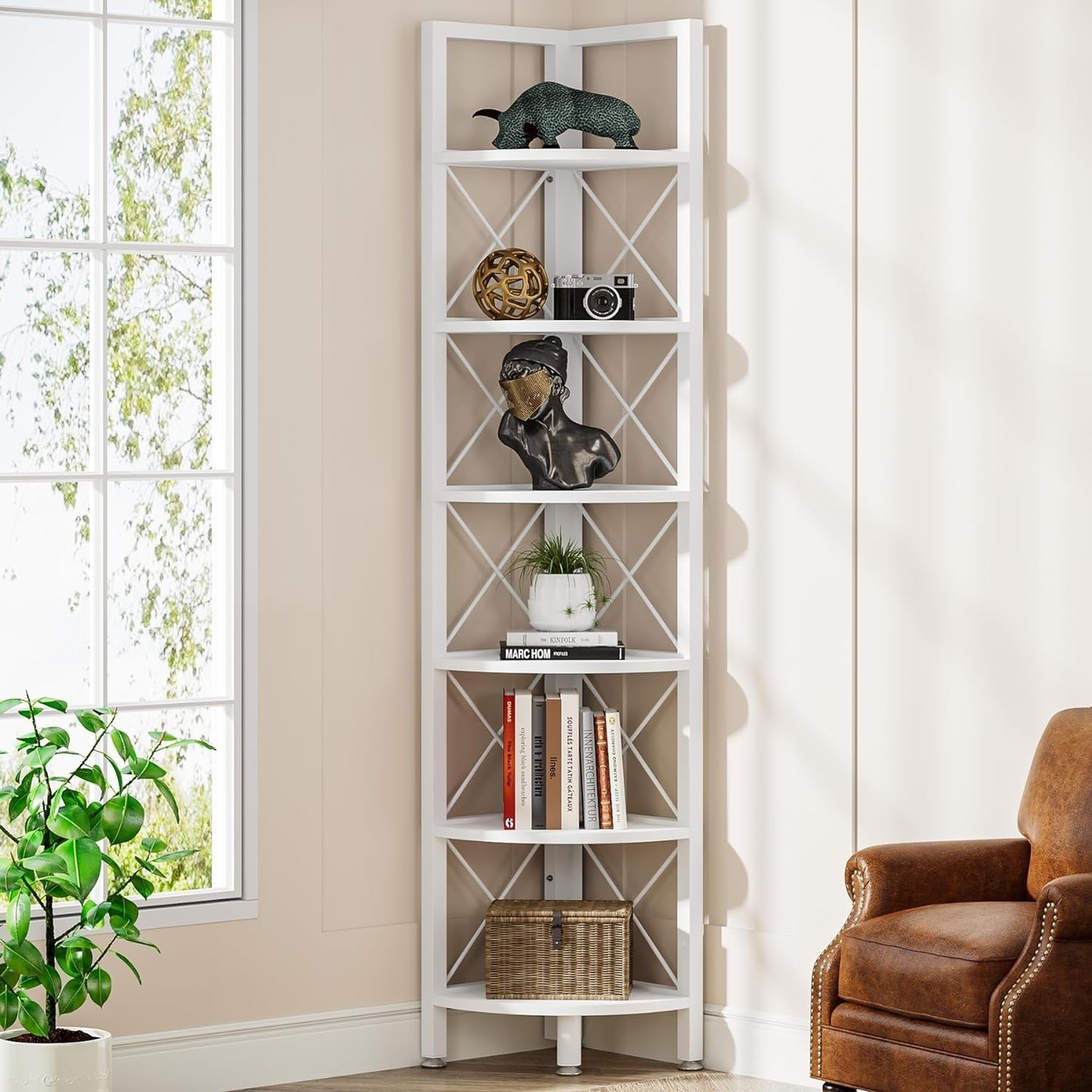 Tribesigns 6 Tier Corner Shelf, Corner Bookshelf Small Bookcase Corner Storage Rack Plant Stand - White