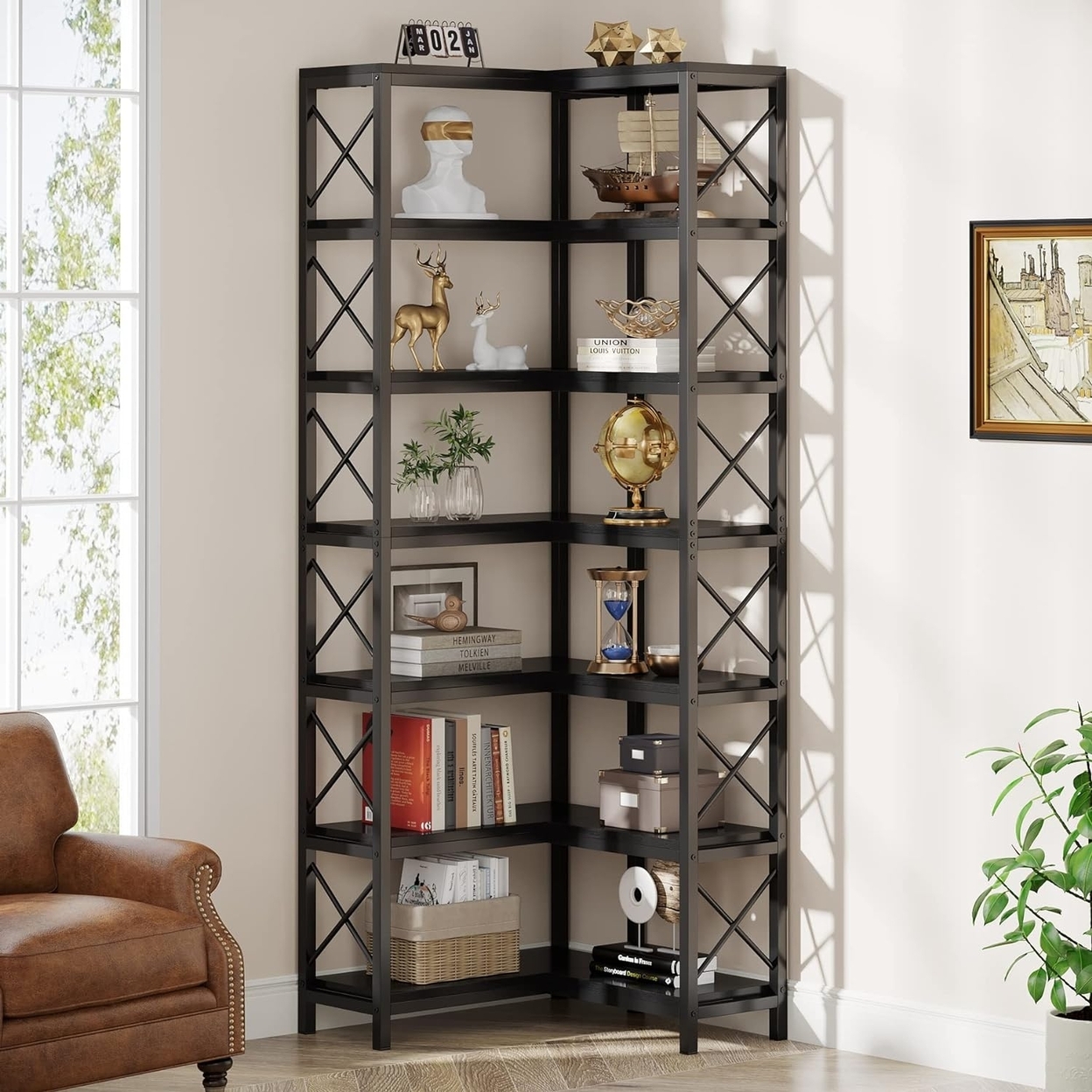 Tribesigns 7 Shelf Corner Bookcase, Industrial Large Tall Corner Shelf Storage Display Rack With Metal Frame - Black