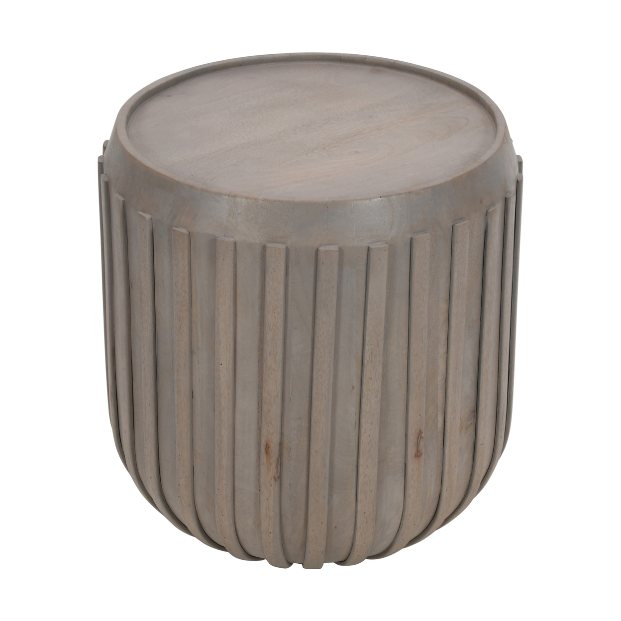 Alisha 25 Inch Side End Table, Handcrafted Mango Wood Drum Shape With Ribbed Edges, Gray - Saltoro Sherpi