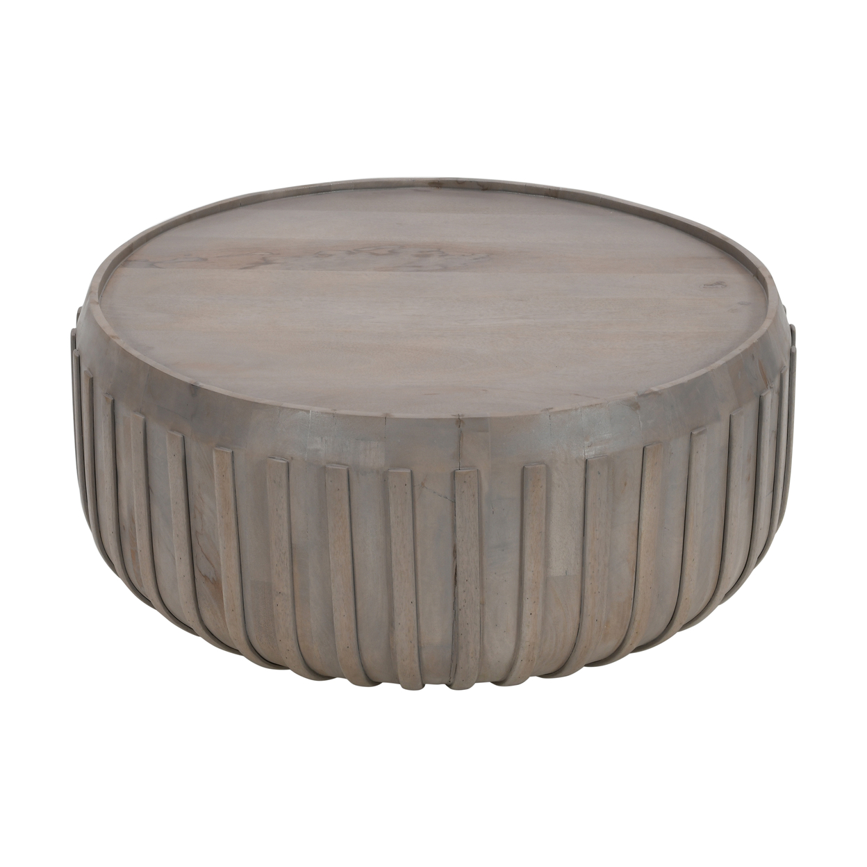 Alisha 36 Inch Coffee Table, Handcrafted Drum Shape With Ribbed Edges, Gray Mango Wood - Saltoro Sherpi