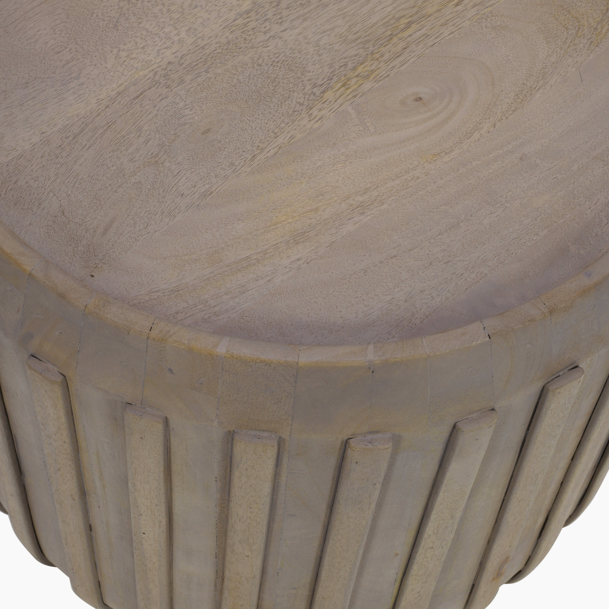 Alisha 25 Inch Side End Table, Handcrafted Mango Wood Drum Shape With Ribbed Edges, Gray - Saltoro Sherpi