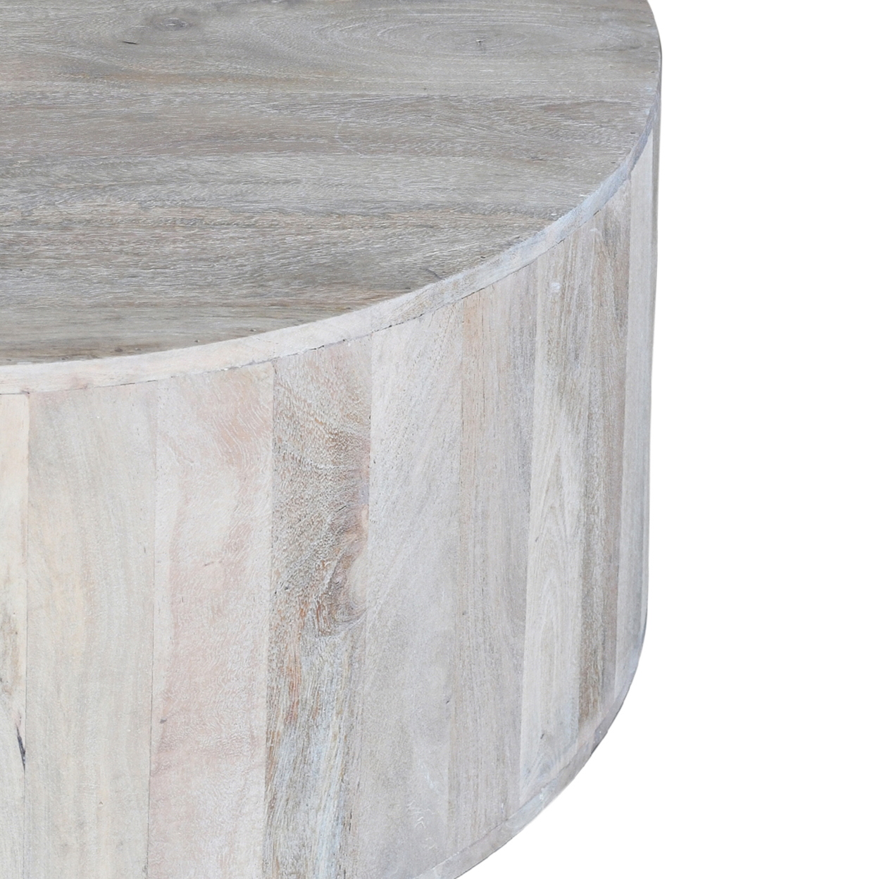36 Inch Coffee Table, Handcrafted Drum Shape, Sandblasted Washed White Mango Wood - Saltoro Sherpi