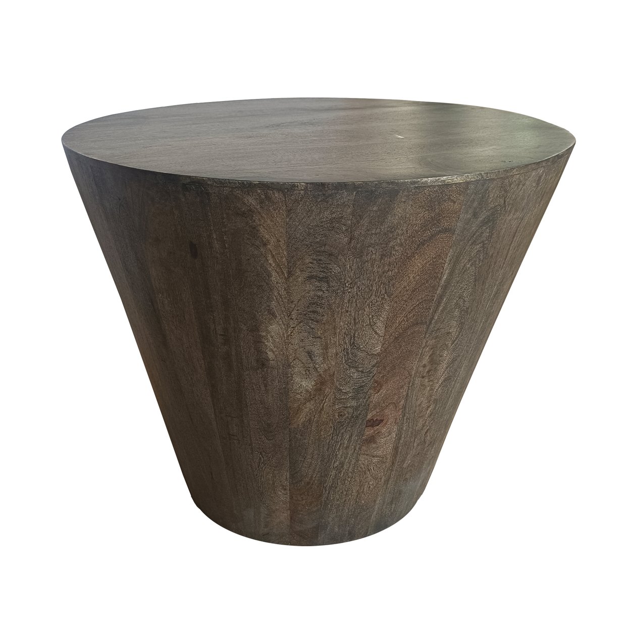 24 Inch Side End Table, Round Drum Shape, Handcrafted Distressed Gray Mango Wood - Saltoro Sherpi