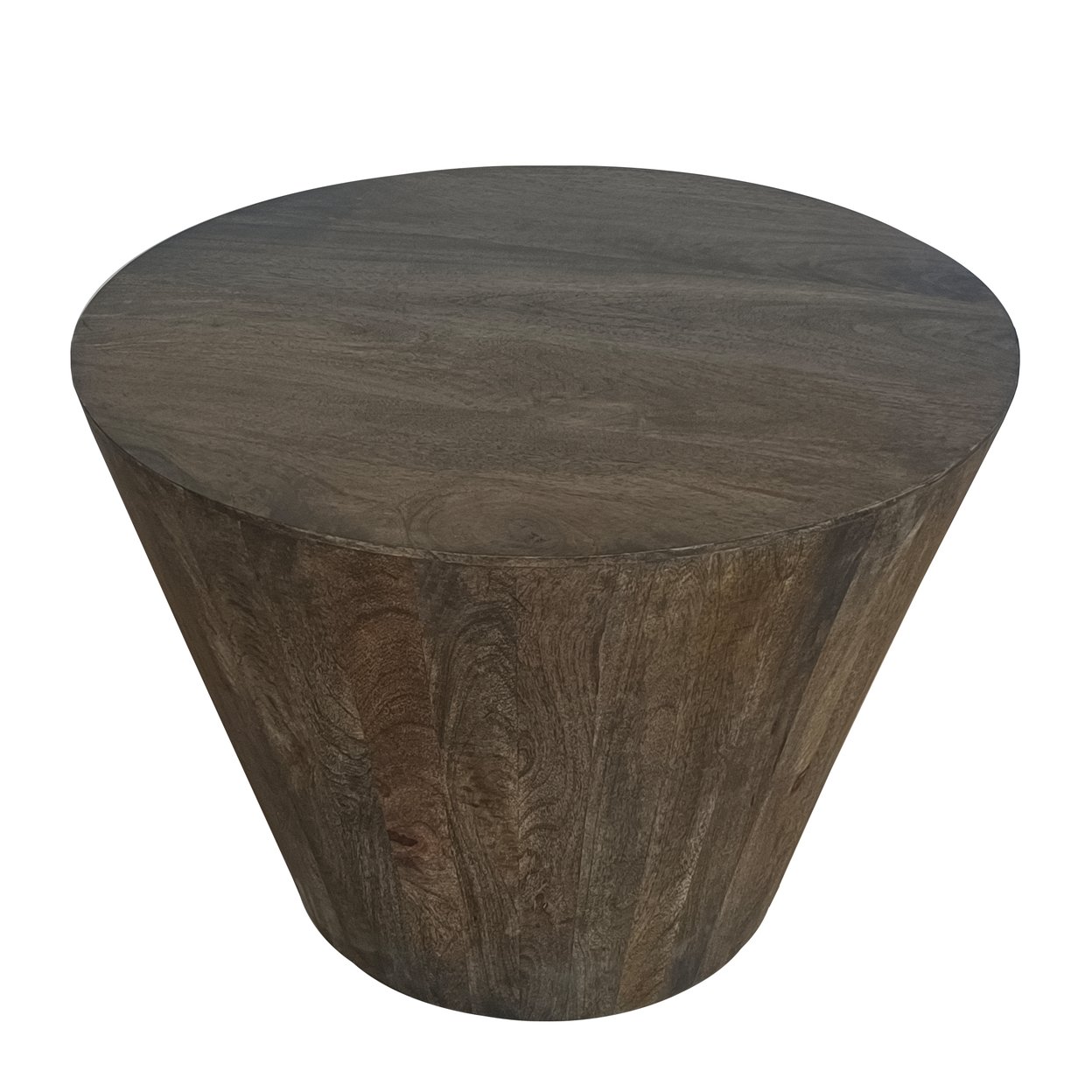 24 Inch Side End Table, Round Drum Shape, Handcrafted Distressed Gray Mango Wood - Saltoro Sherpi