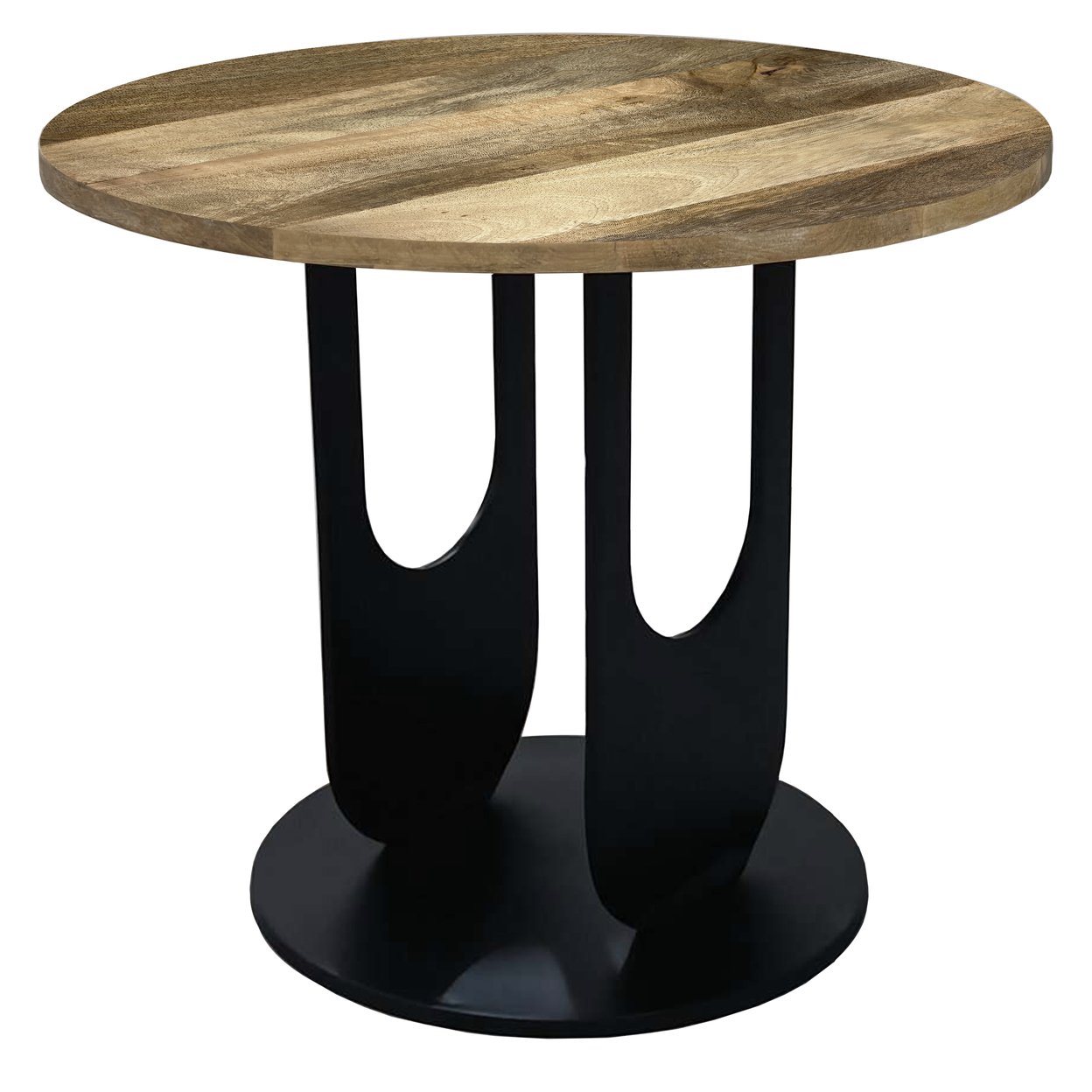 22 Inch Side End Table, Round Natural Mango Wood Top, Black Iron U Shaped Legs - Saltoro Sherpi