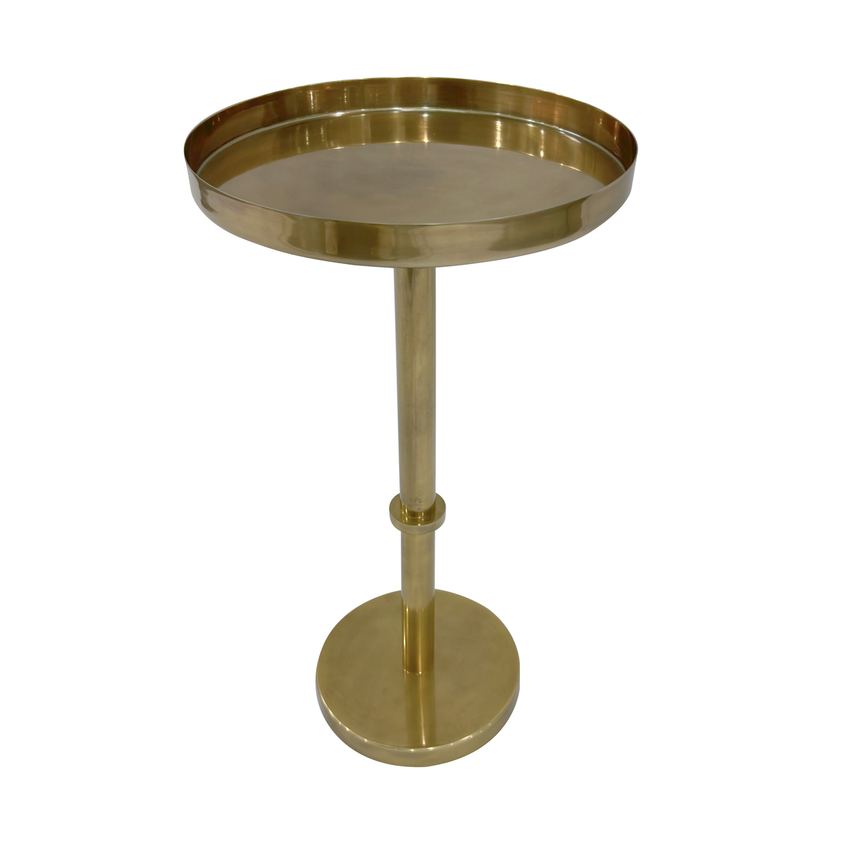 Ara 12 Inch Side End Table, Vintage Sleek Pillar Base, Round Tray Top, Oxidized Antique Brass - Saltoro Sherpi