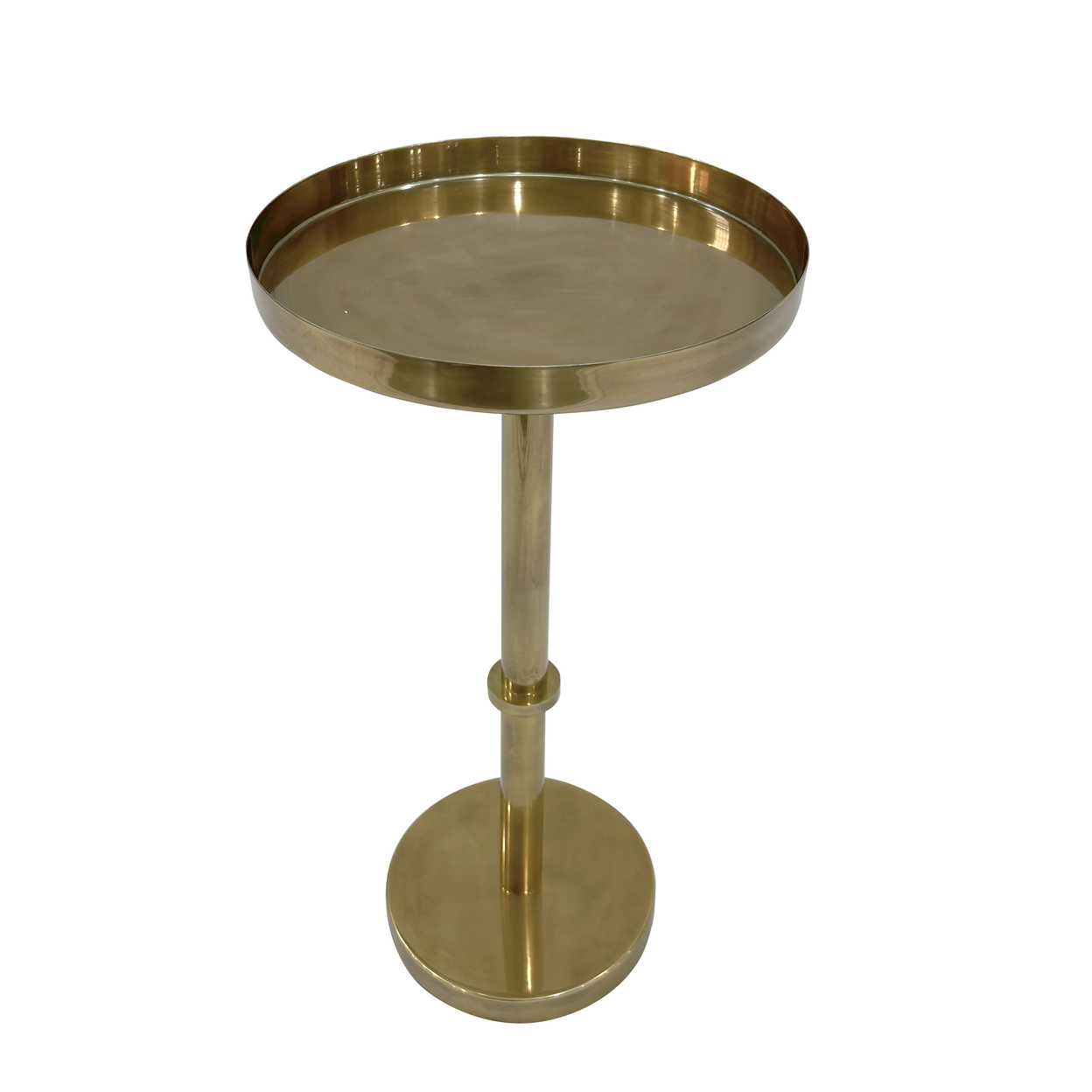 Ara 12 Inch Side End Table, Vintage Sleek Pillar Base, Round Tray Top, Oxidized Antique Brass - Saltoro Sherpi