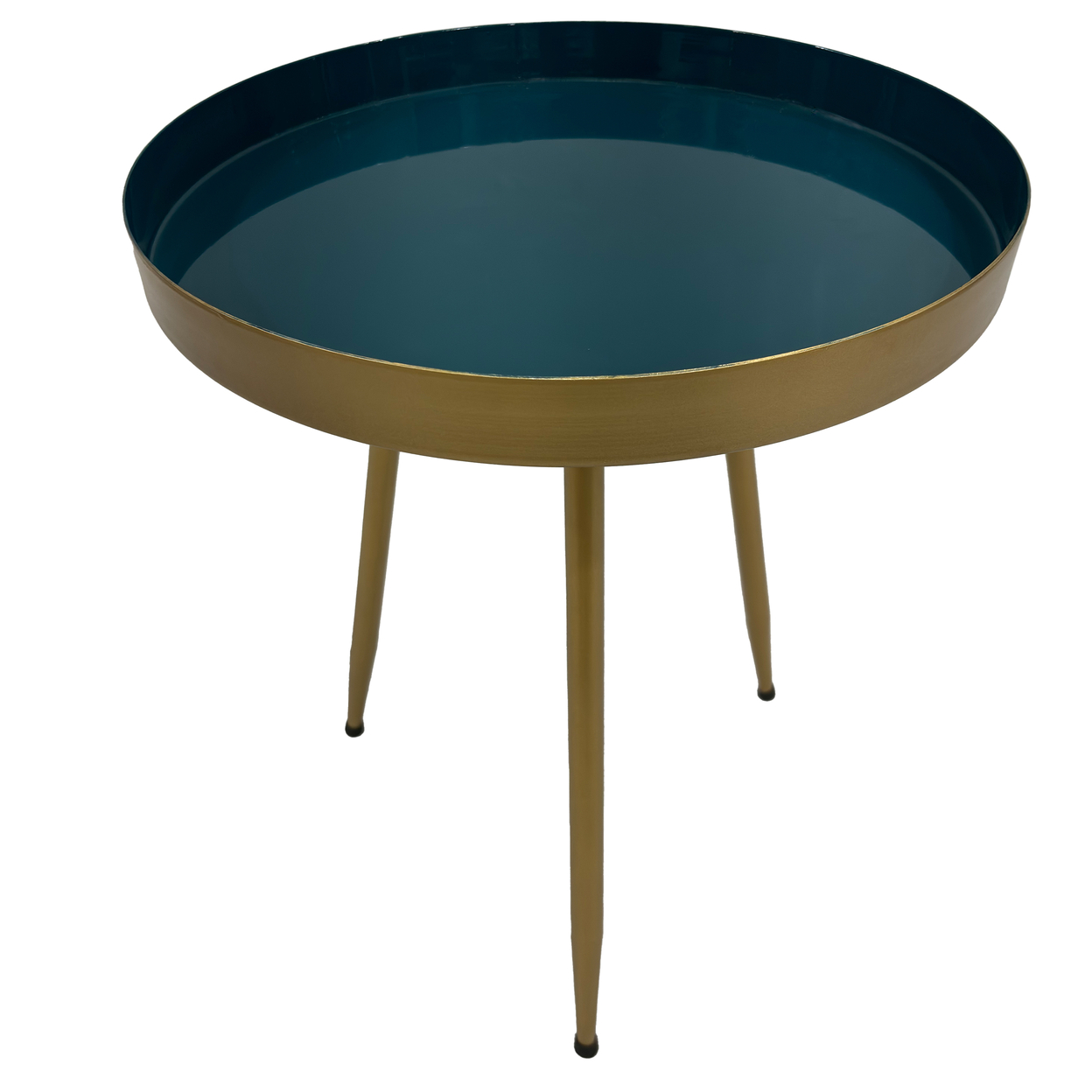 Enid 19 Inch Side End Table, Iron Brass Plating, Enamel Blue Top, Modern Sleek Angled Legs - Saltoro Sherpi