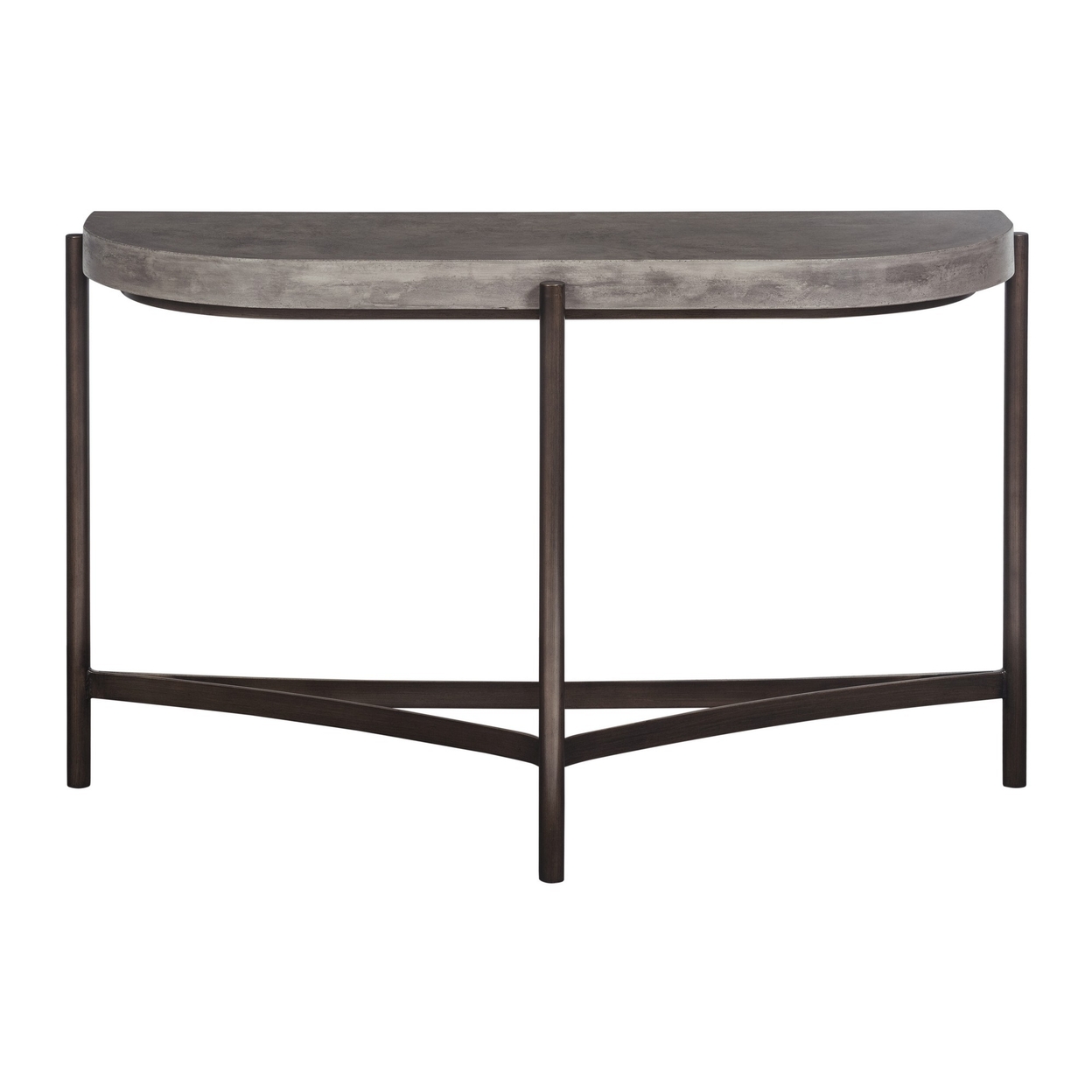 Agar 30 Inch Semi Circular Console Table, Concrete Top, Bronze Steel Legs- Saltoro Sherpi