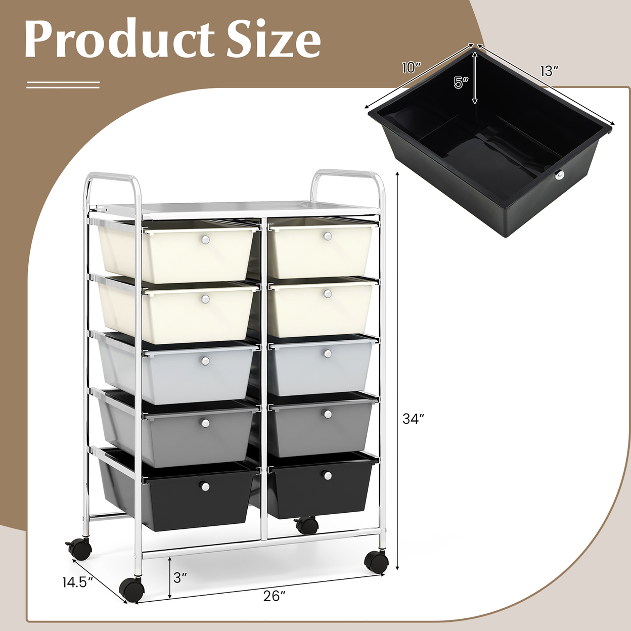 10-Drawer Rolling Storage Cart Tools Scrapbook Paper Organizer On Wheels Grey Gradient