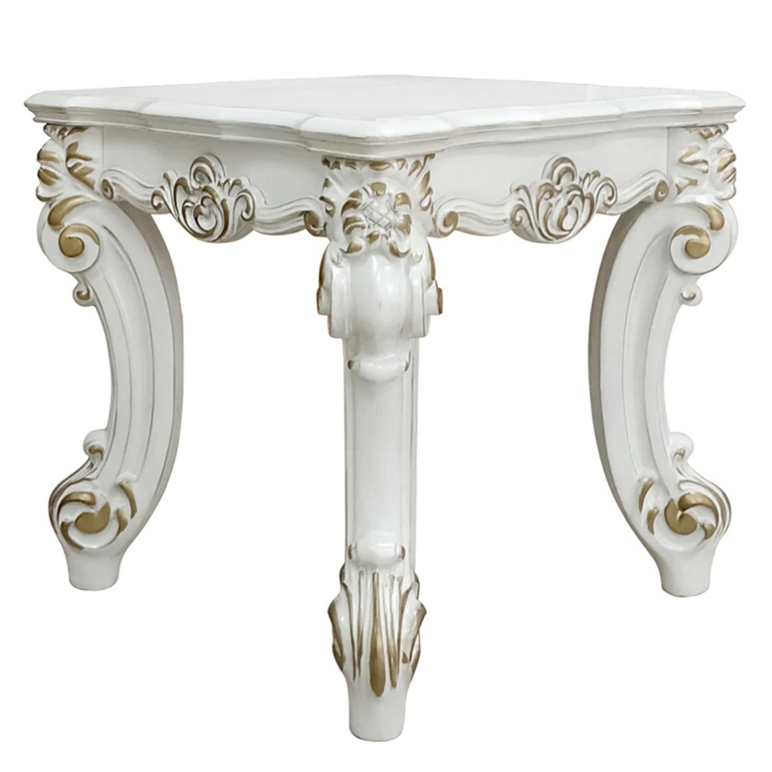 Jess 26 Inch Side End Table, Traditional Scrolled Legs, Brushed Gold, White - Saltoro Sherpi